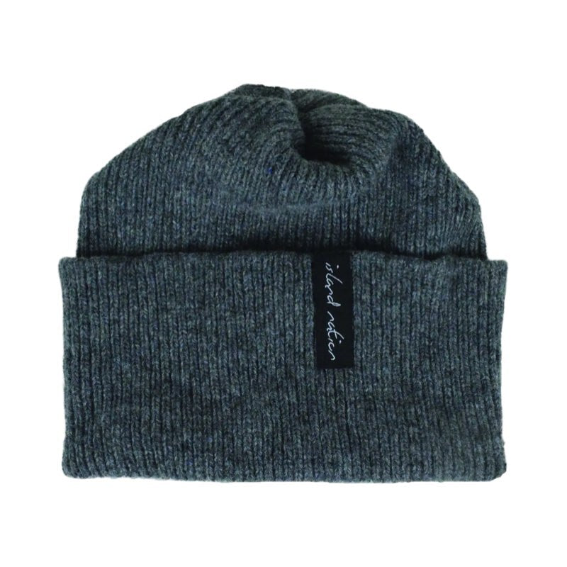 Ribbed beanie hat knitted using 100% slate grey British lambswool. 