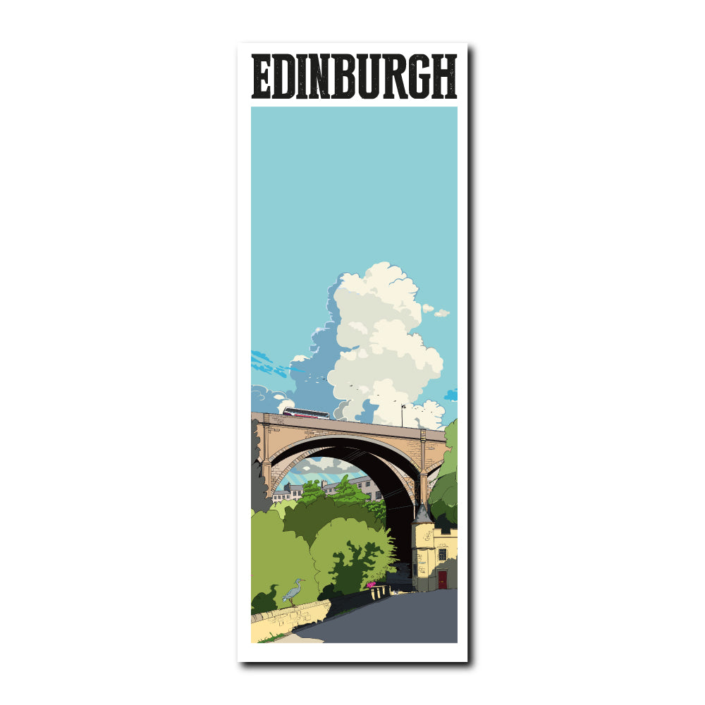 Bookmark featuring a panoramic landscape illustration of the Dean Bridge, Edinburgh. 