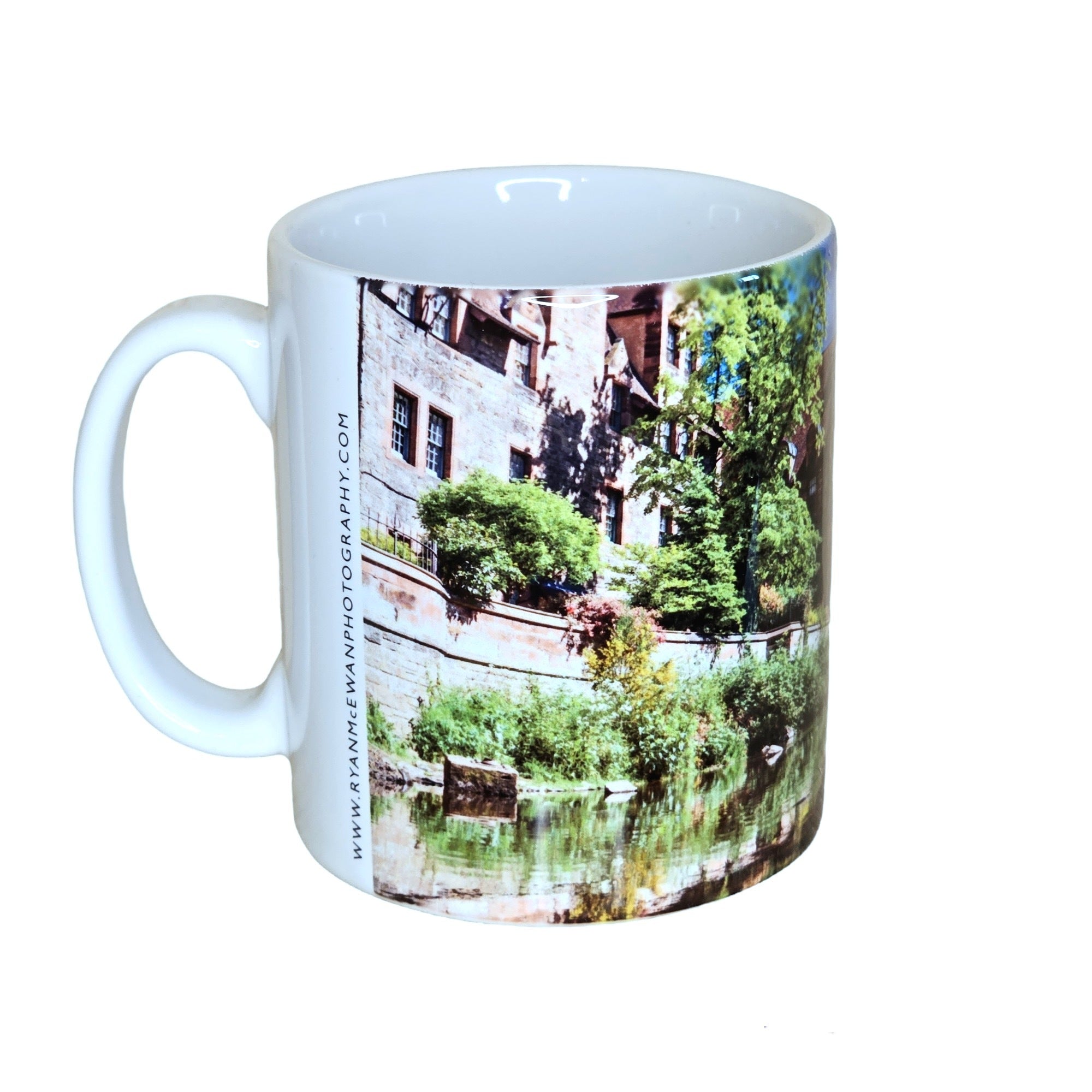 An image of a mug with Dean Village, Edinburgh printed on it. 