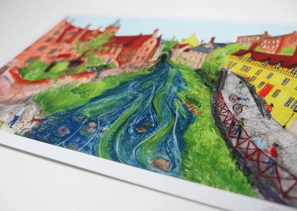 Colourful illustration of a river flowing through a town with buildings and people.