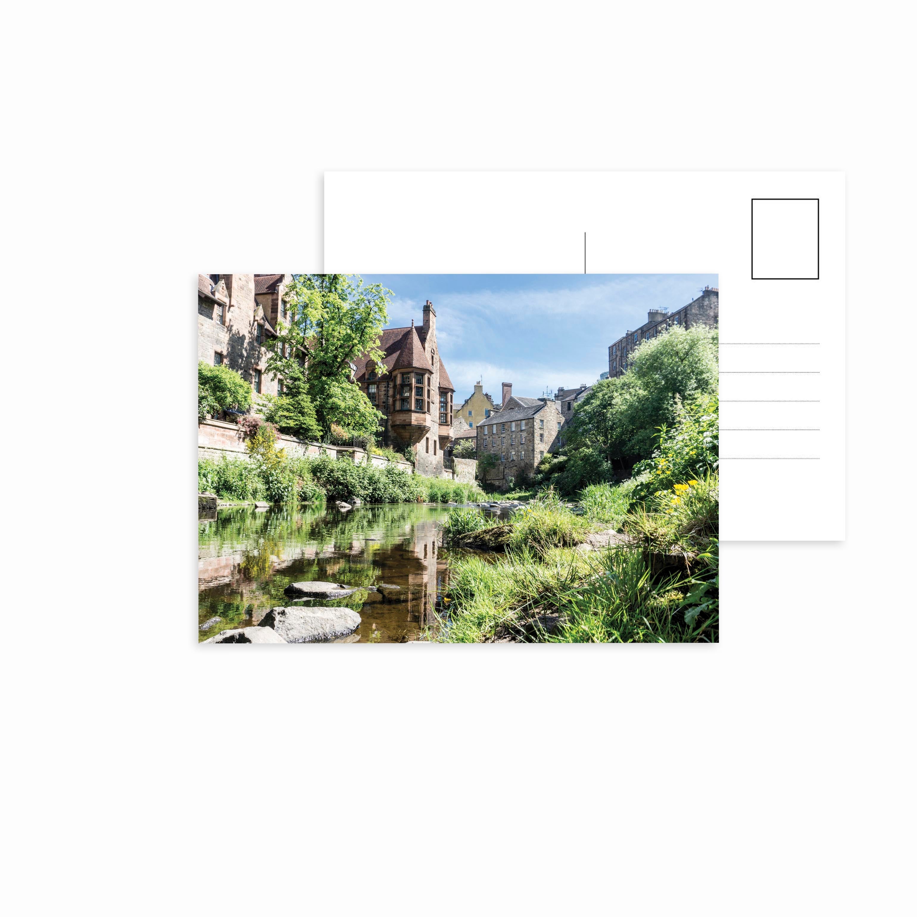 An image of Dean Village, Edinburgh on a postcard. 