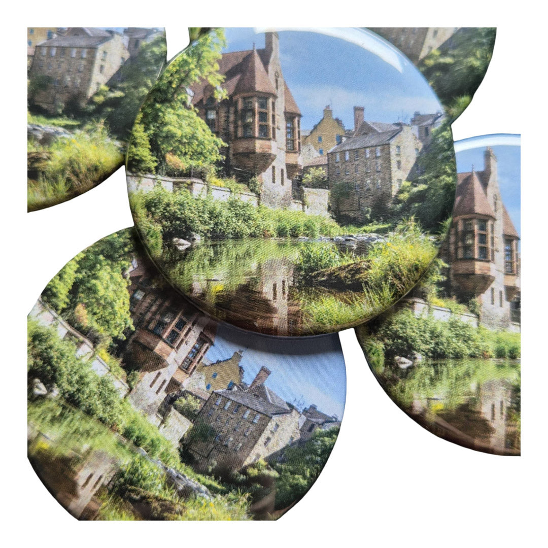 Round magnets with a picture of Dean Village on them.