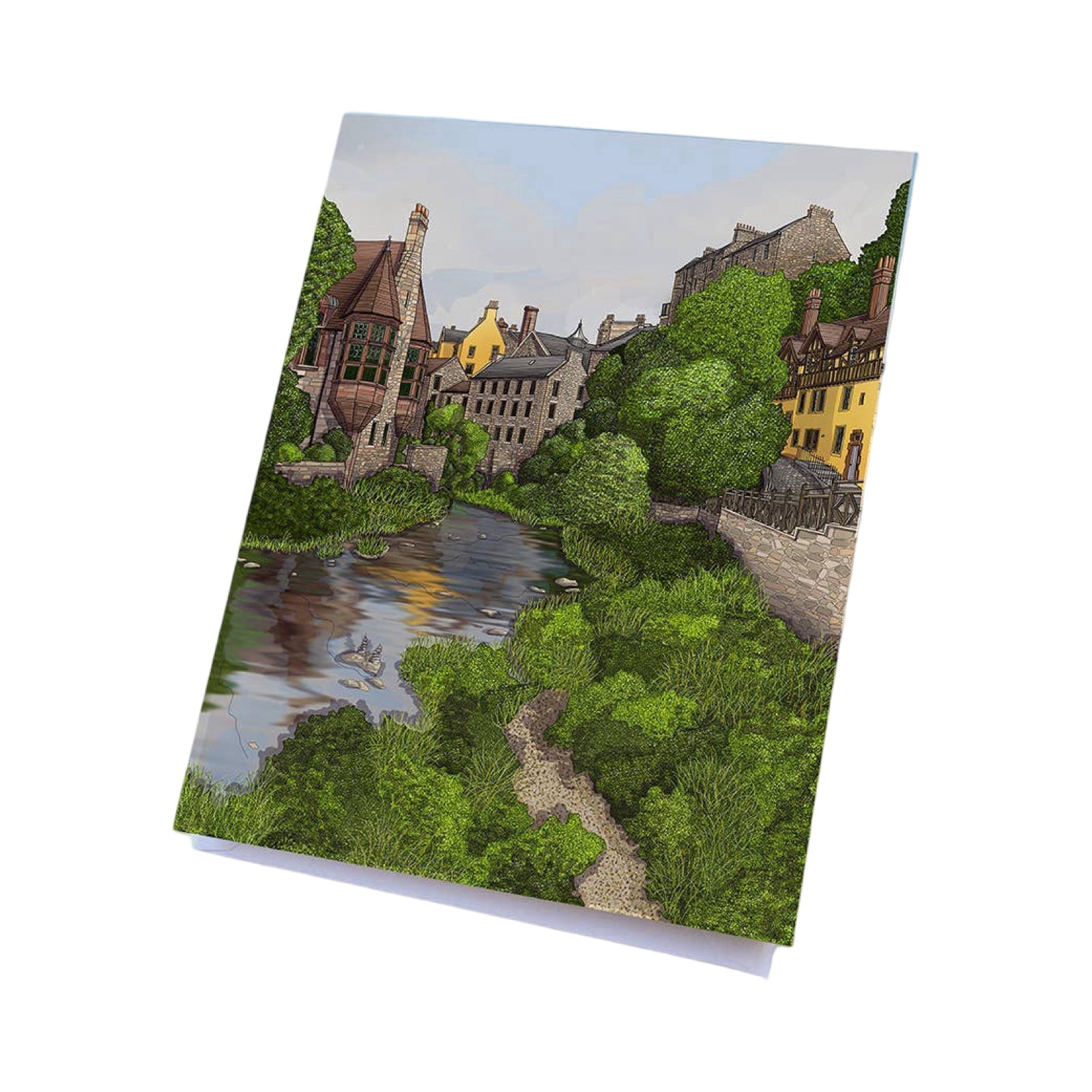 Greeting card with a scenic illustration of a town by a river.