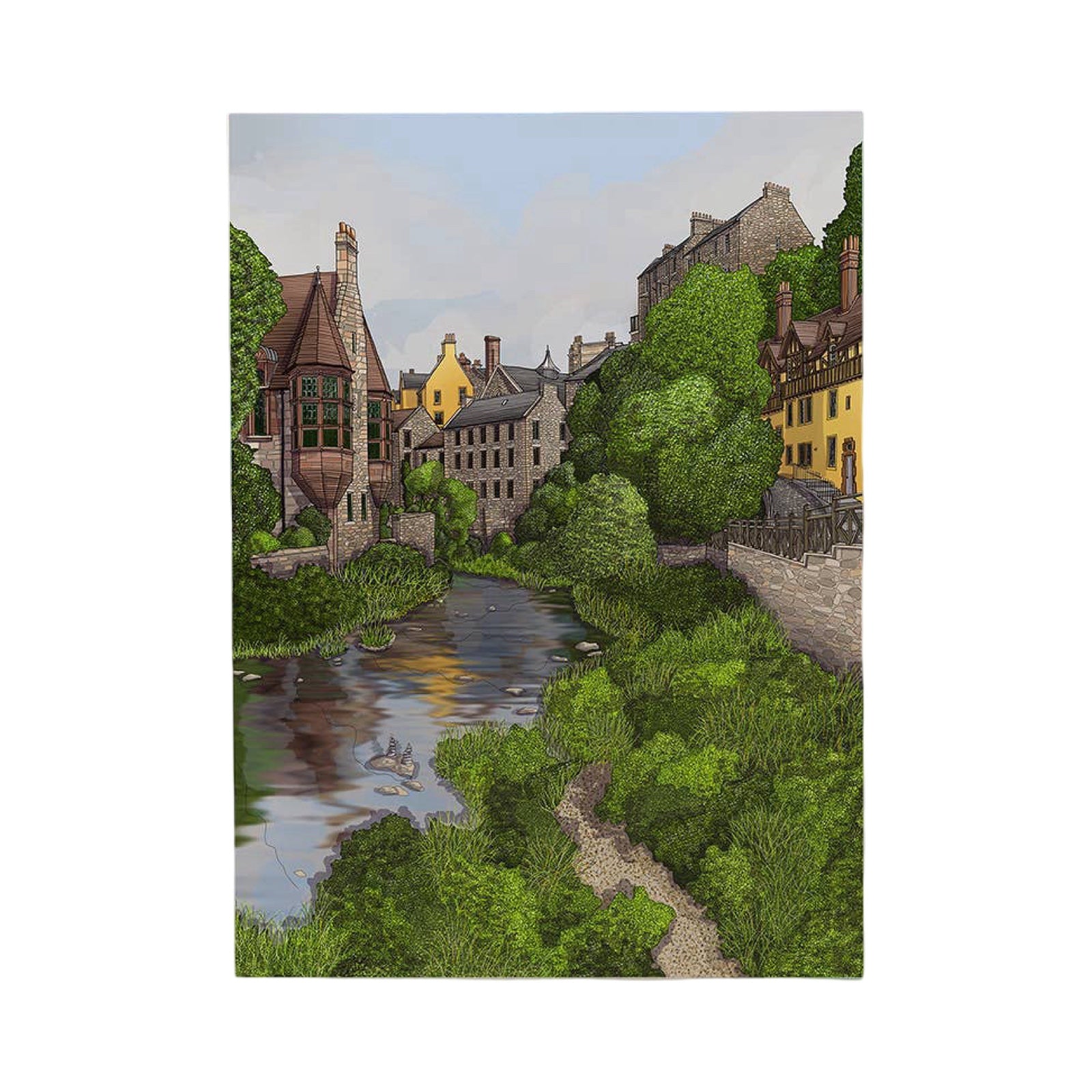 Illustration of a quaint village with houses and a stream.