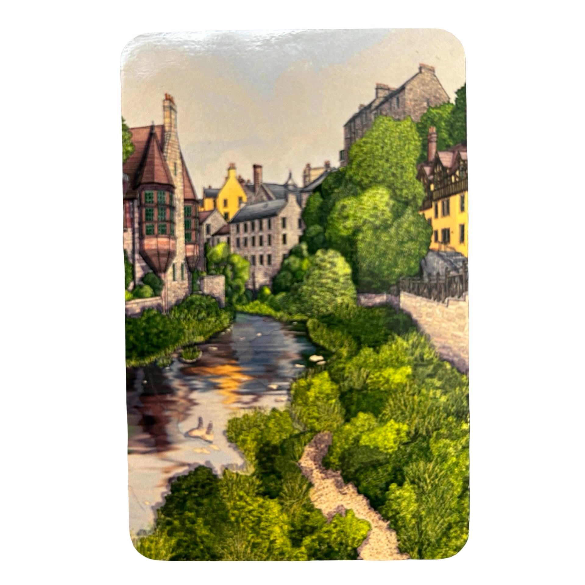 Illustration of a quaint village with houses and a river, surrounded by greenery.