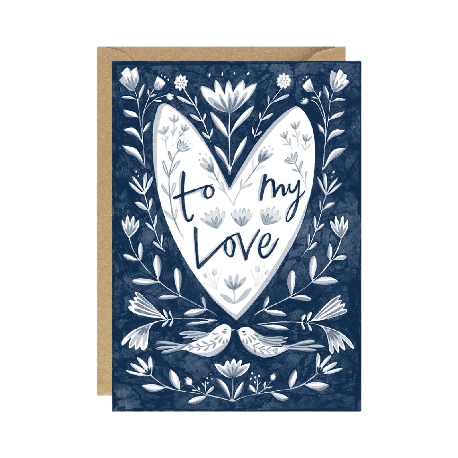 A card featuring an illustration of a pair of love birds under a large white heart with the text 'To My Love', all against a navy background.