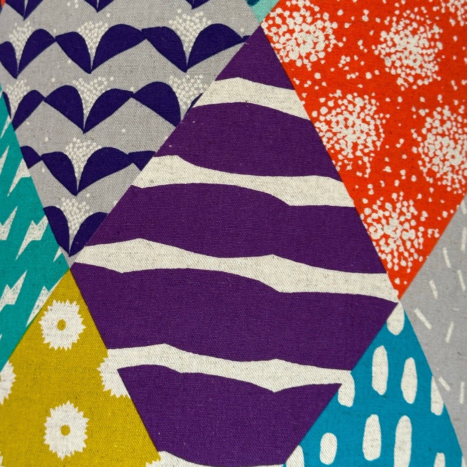 Colourful geometric patterned lampshade.