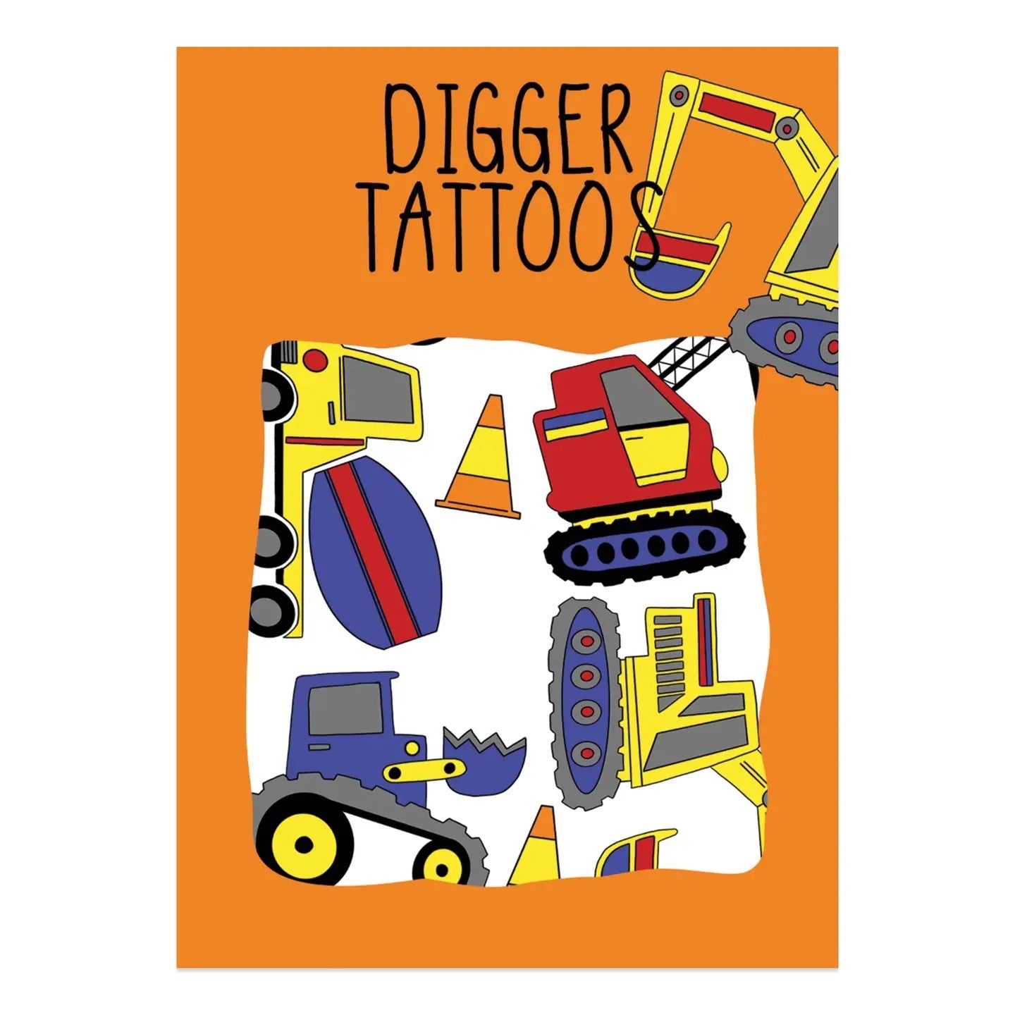 Digger tattoos packaging with construction vehicle illustrations in orange packaging.
