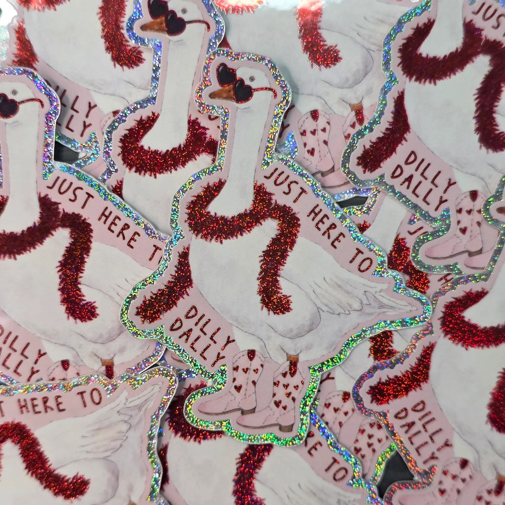 Decorative sticker of a goose with text and cowboy boots on a white background.