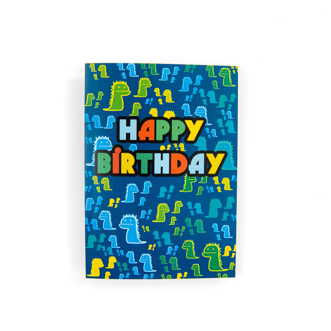 Colorful 'Happy Birthday' card with dinosaur patterns on a blue background