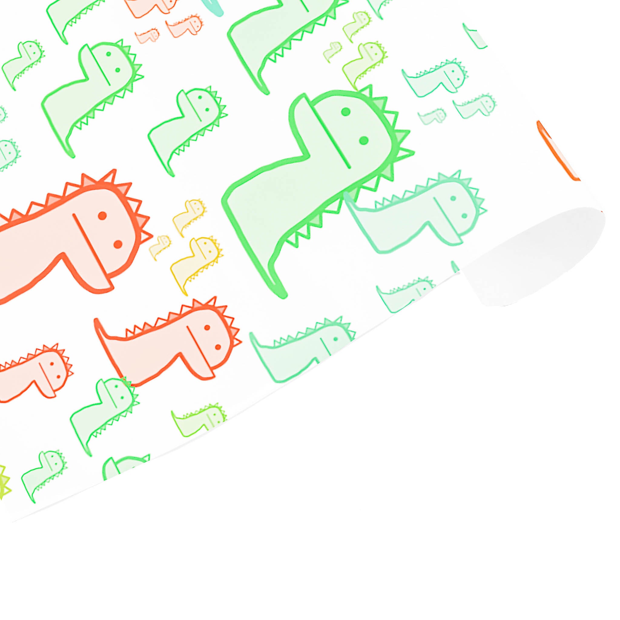 A sheet of wrapping paper with a pattern of colorful dinosaur illustrations.