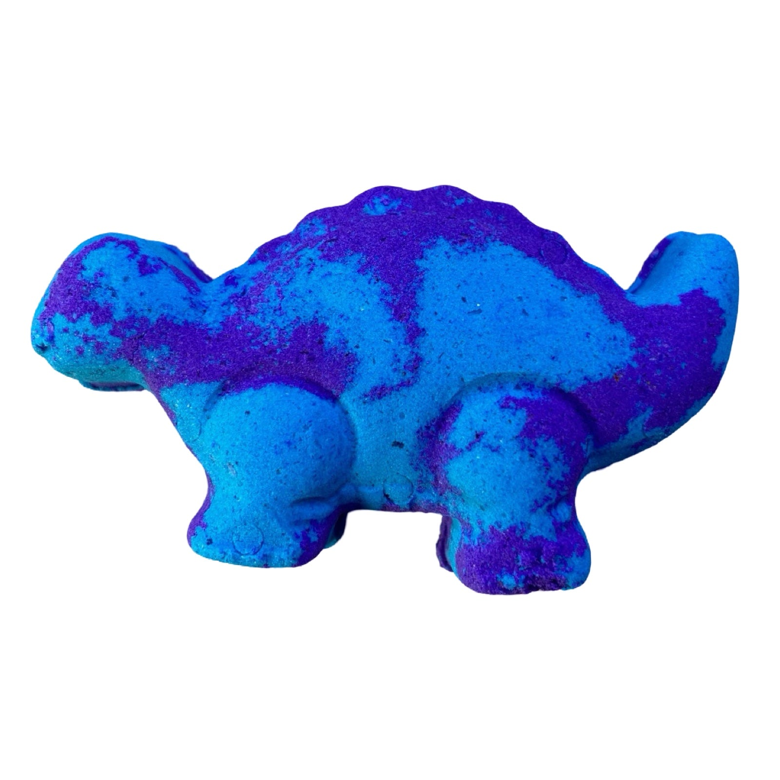 A blue and purple dinosaur-shaped bath bomb