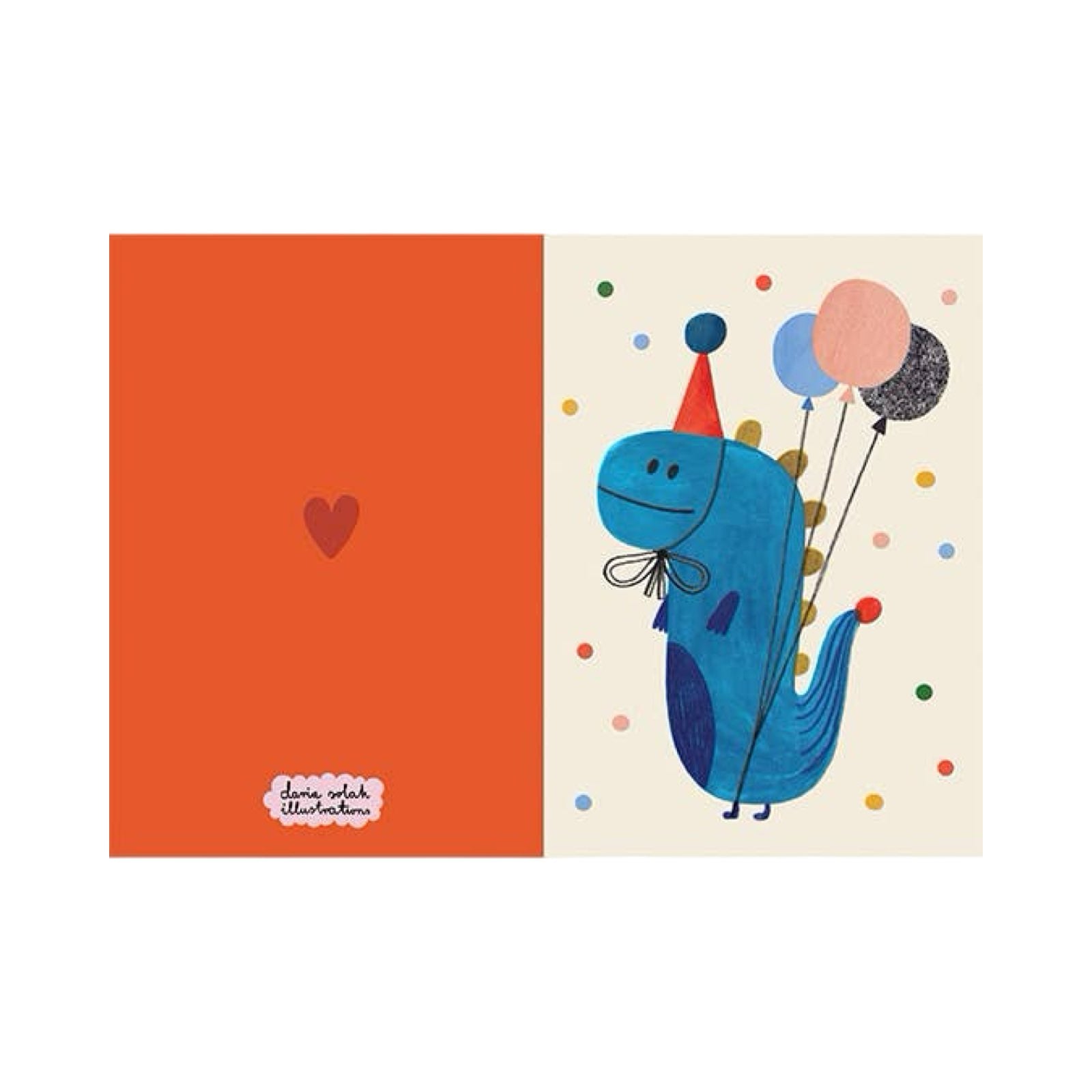 A card for any occasion featuring a blue dinosaur wearing a party hat, holding 3 colourful balloons with its paw.