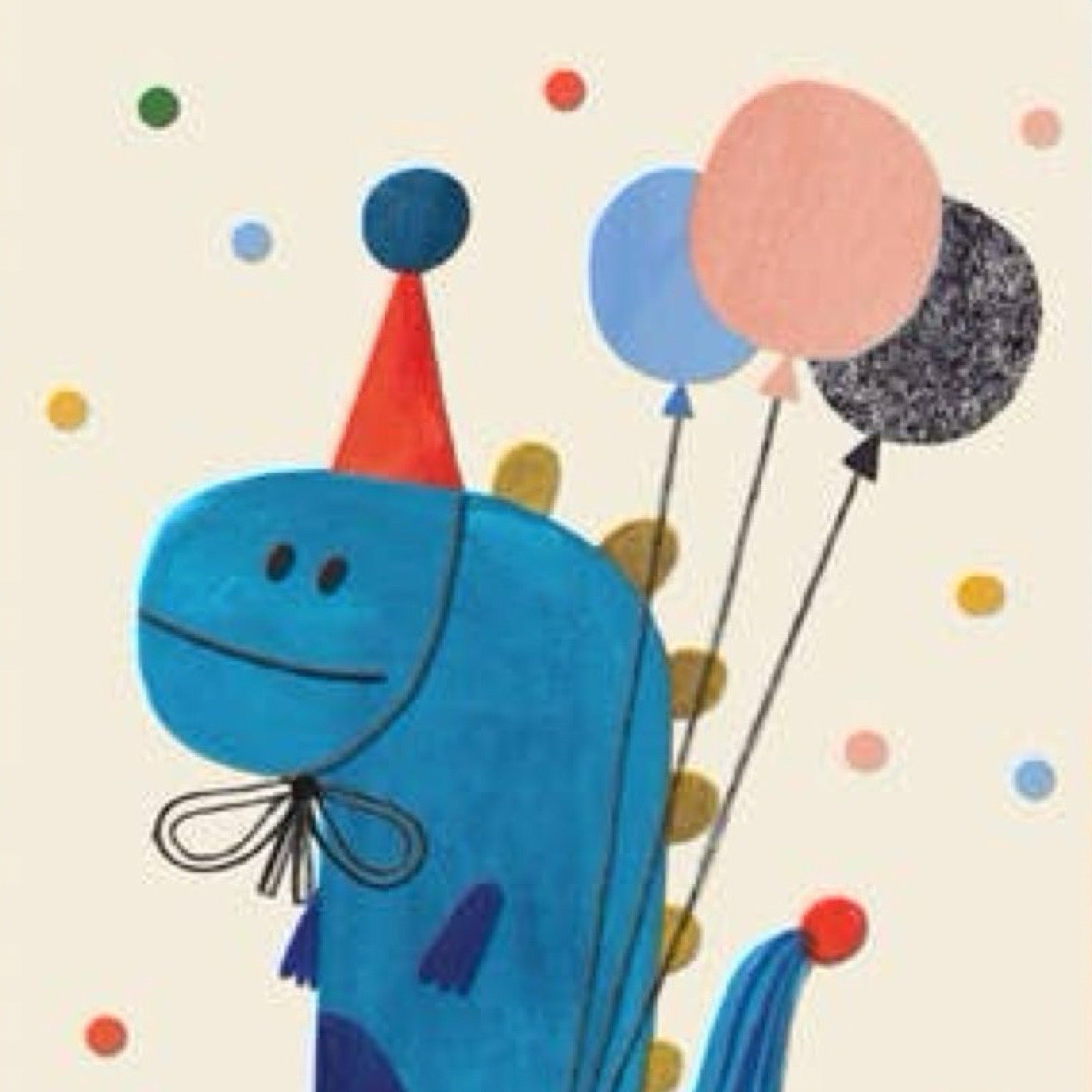 Illustration of a blue creature with a party hat and balloons on a beige background.