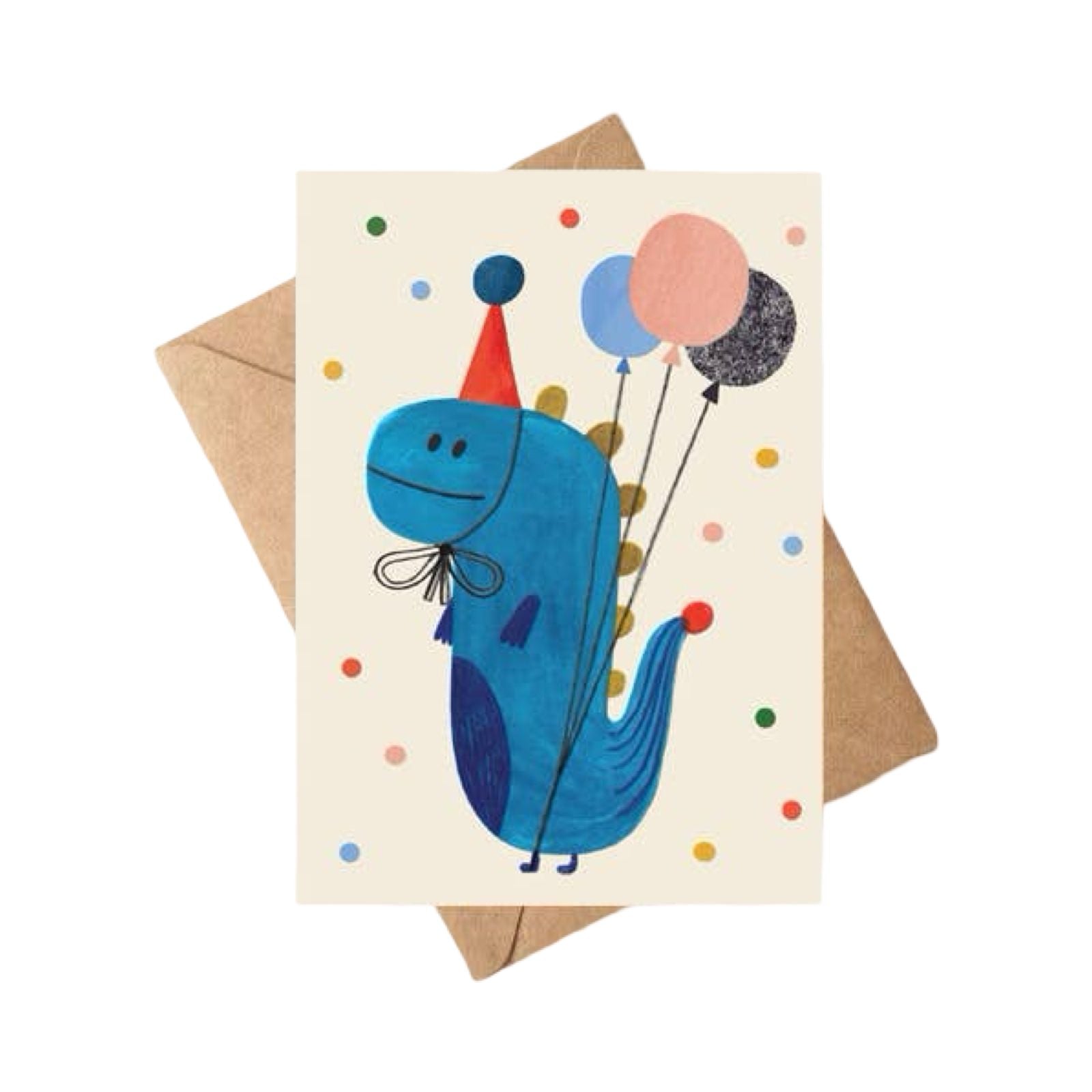 A card for any occasion featuring a blue dinosaur wearing a party hat, holding 3 colourful balloons with its paw.
