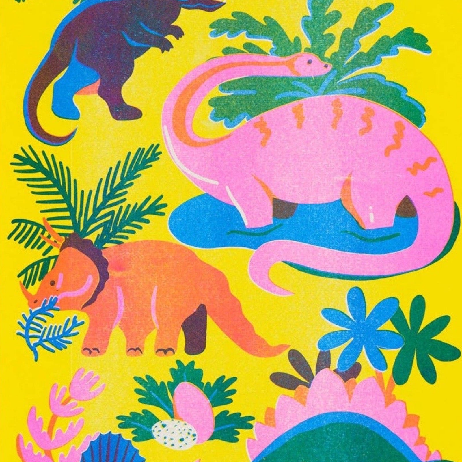 Colourful dinosaur illustrations on a yellow background.