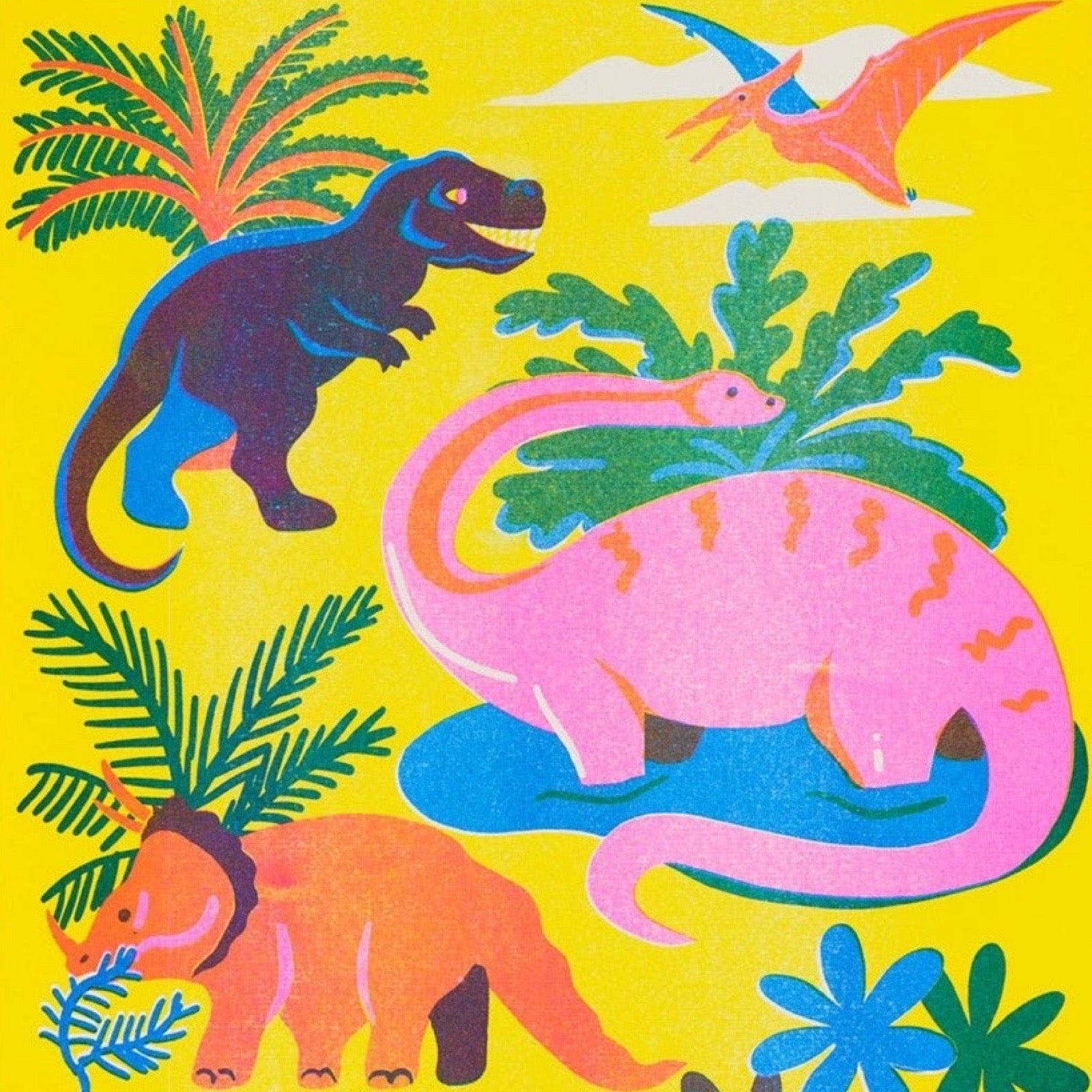 Colourful dinosaur illustrations on a yellow background.