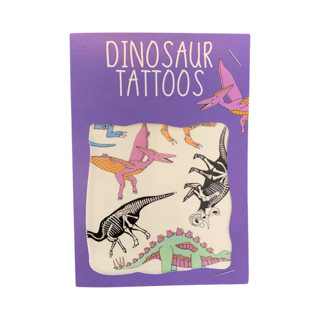 A pack of Dinosaur Transfer Tattoos featuring illustrations of various dinosaurs on a purple background.