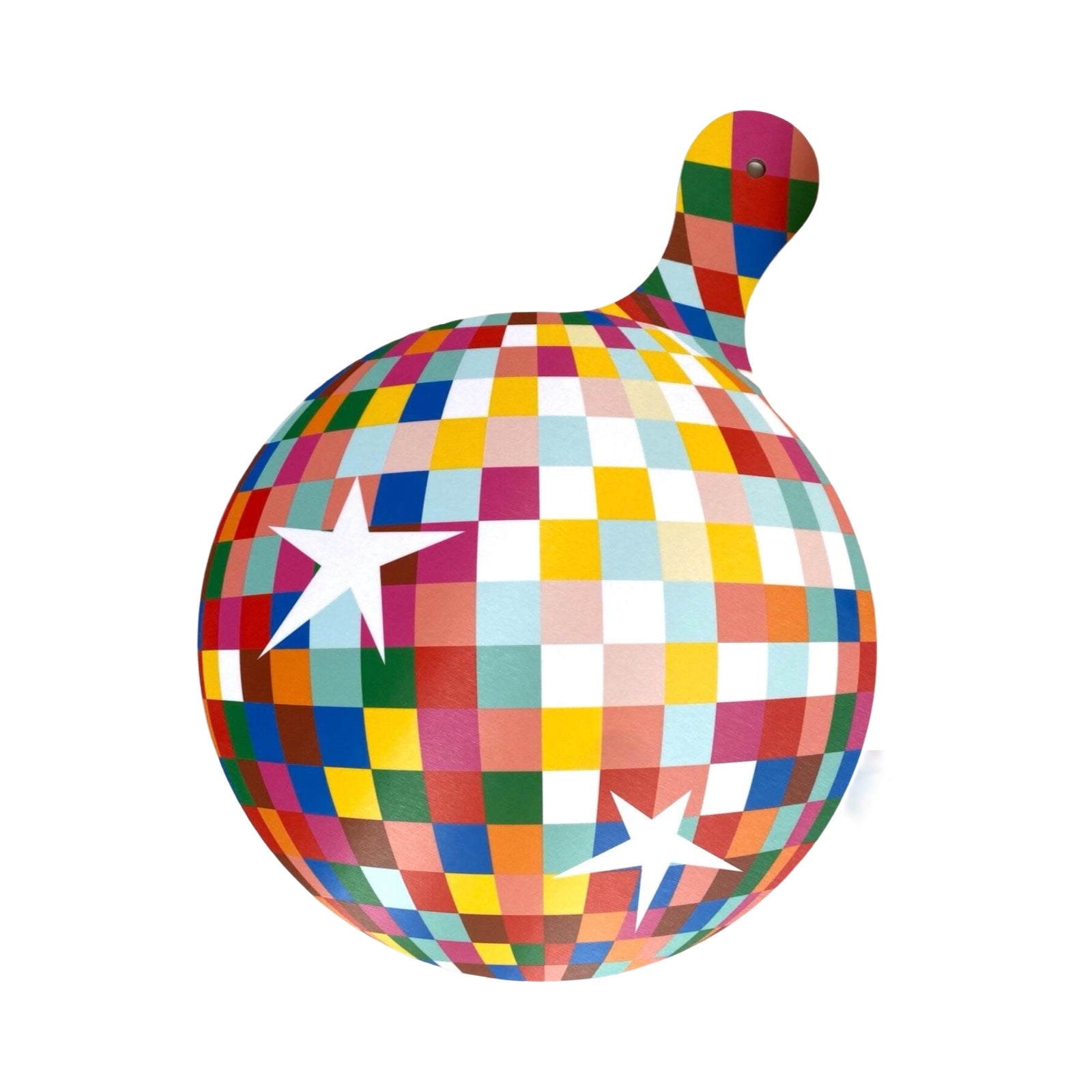 This fabulous melamine chopping board features a colourful glitter ball design and has a handy hanging hole.