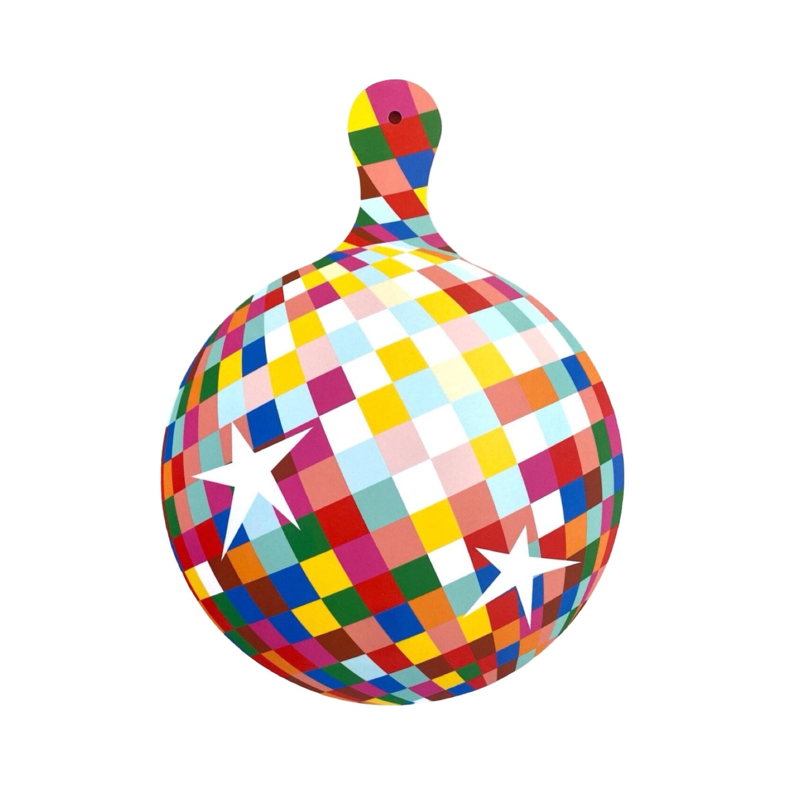 This fabulous melamine chopping board features a colourful glitter ball design and has a handy hanging hole.