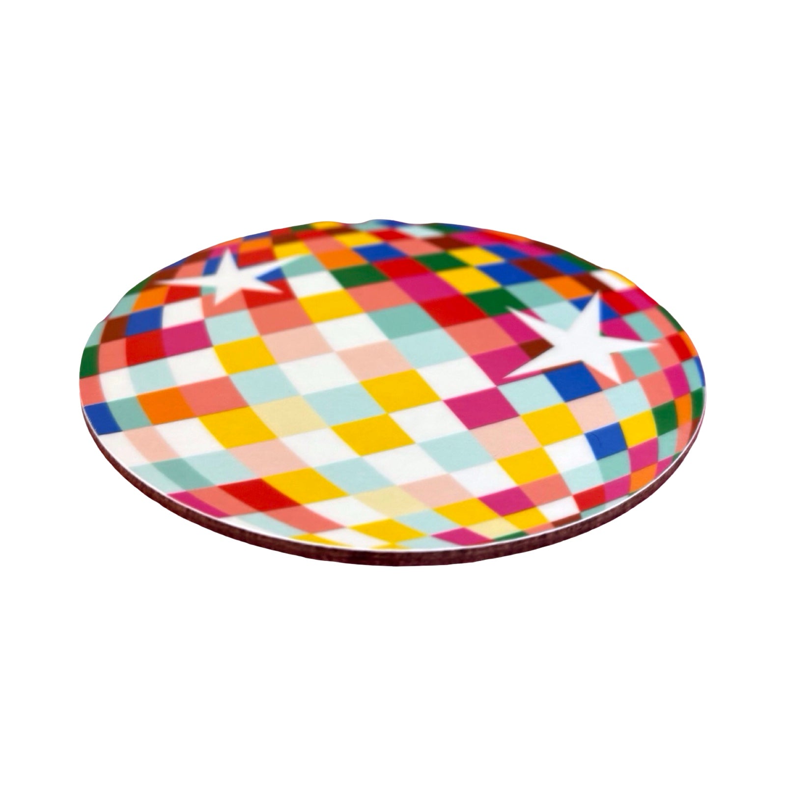 The side of a round coaster designed as a multicoloured disco ball with 2 white stars.