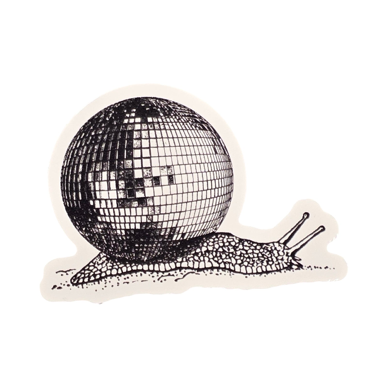 A waterproof vinyl sticker of a snail carrying a giant disco ball on its back.