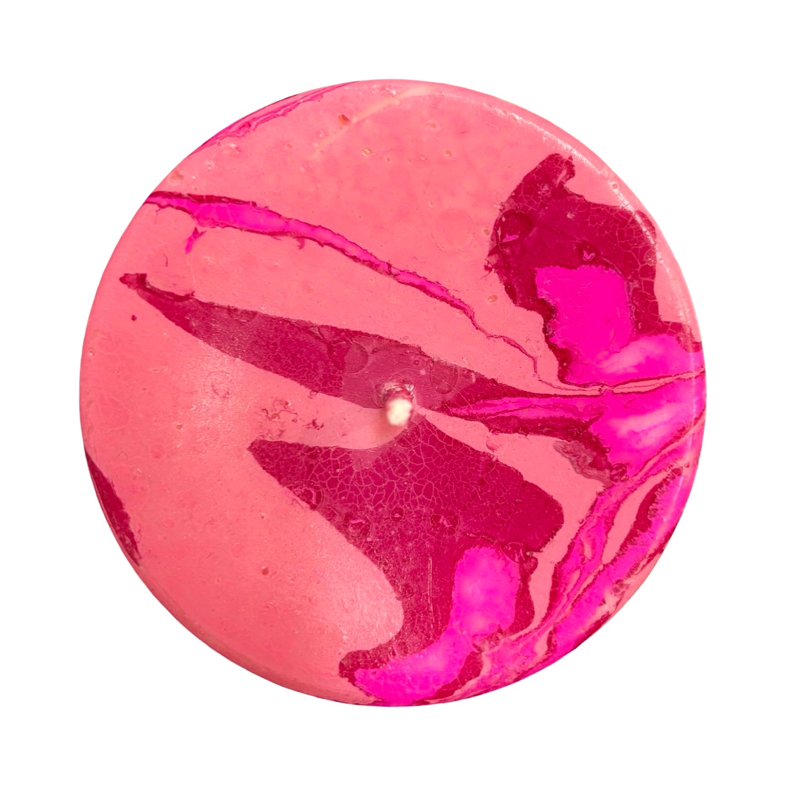Beautiful unscented pillar candle hand-poured with soy wax and dip-dyed in magenta, red and pastel pink to creating a gorgeous marble swirl. 