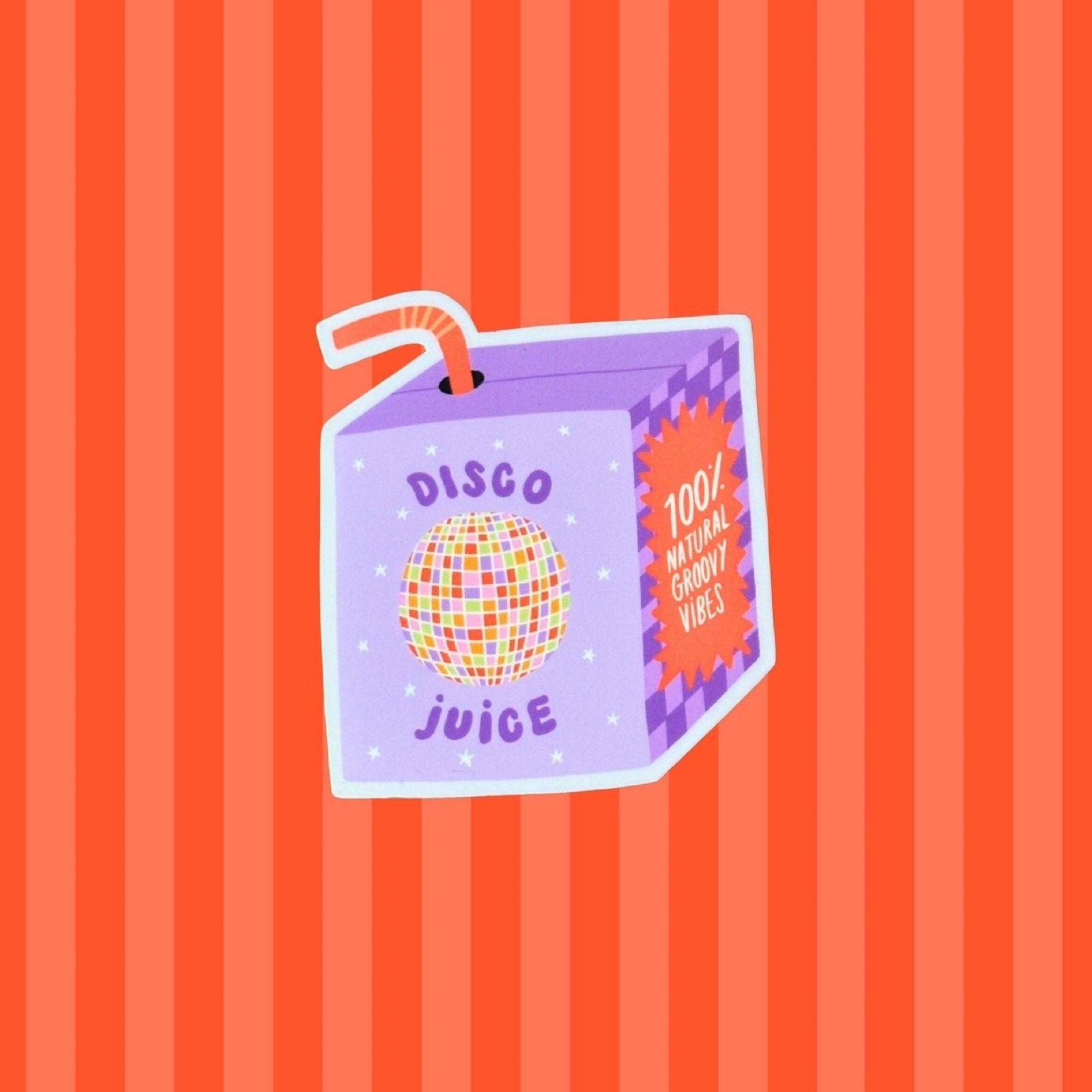 Cartoon juice box sticker labeled 'Disco Juice' on a orange striped background.