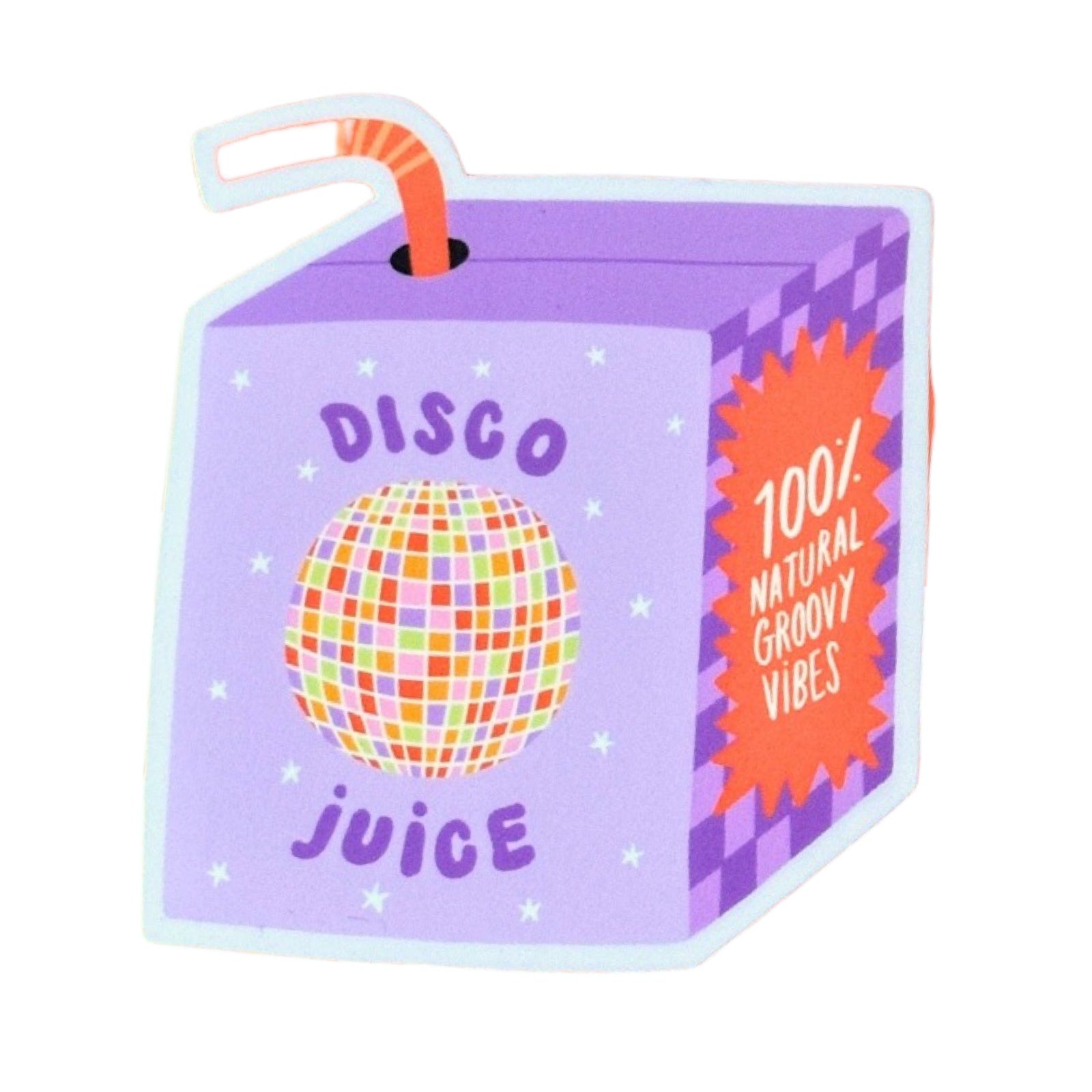 Sticker carton of 'Disco Juice' with a colourful disco ball design on a white background.