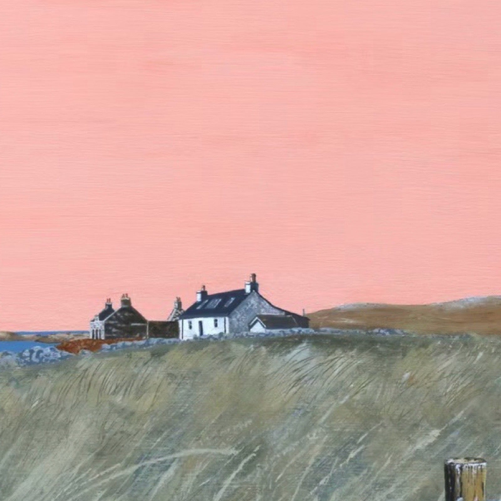 A textured painting of a coastal landscape featuring a cluster of white and dark gray houses situated on a grassy hillside under a pink sky.