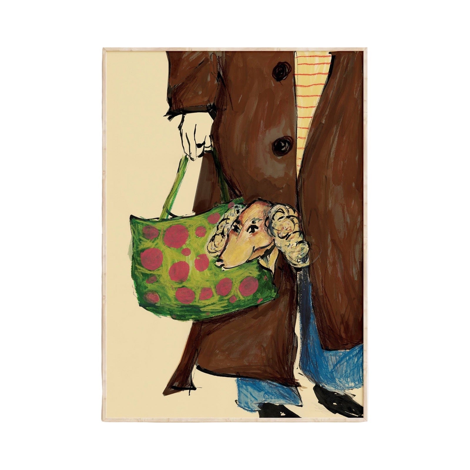 A vertical art print featuring a whimsical, hand-drawn style illustration of a person in a brown coat holding a green bag with pink polka dots, set against a cream background.