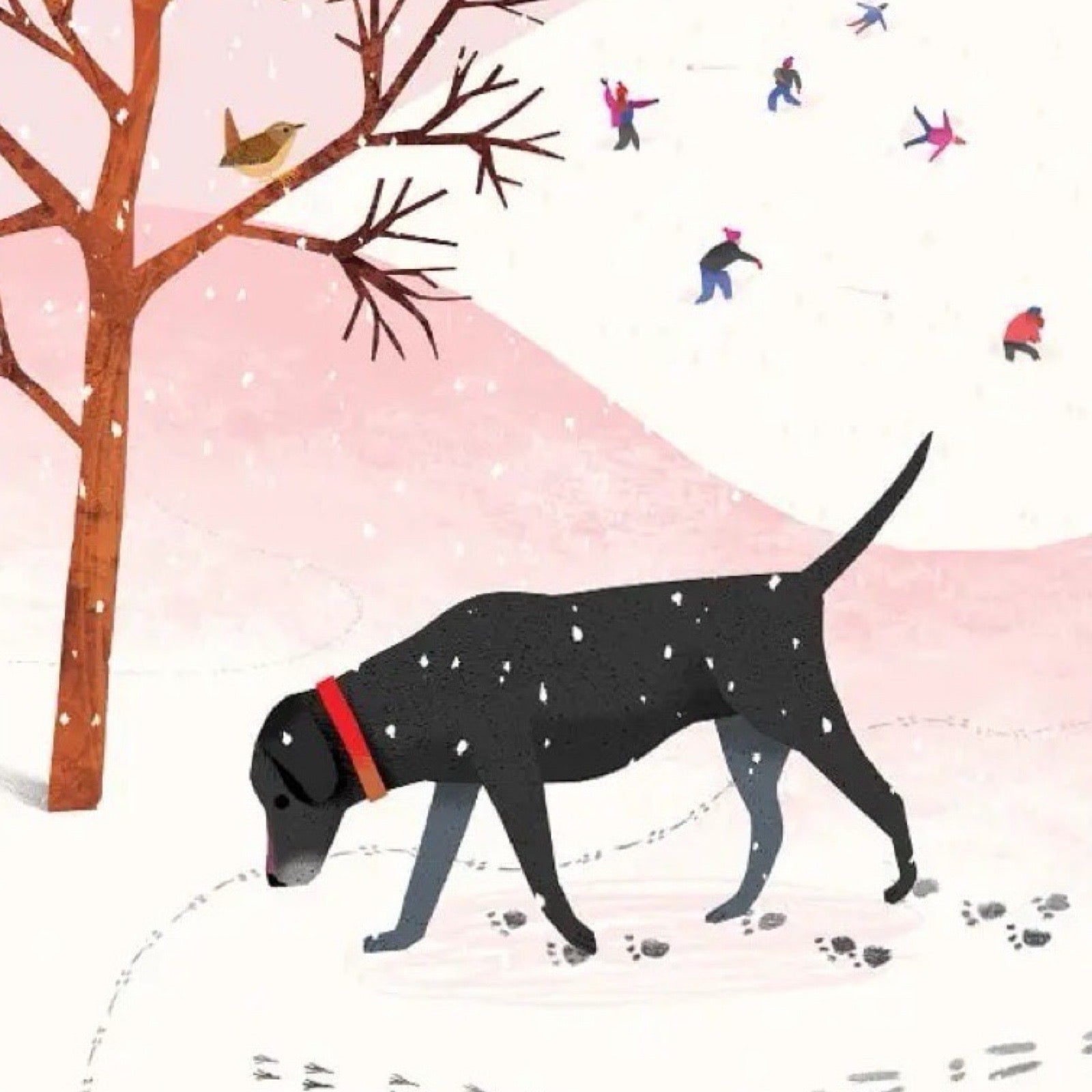 Christmas card featuring an illustration of a black dog out walking in the snow with a group of children ice skating on a frozen pond in the background. 