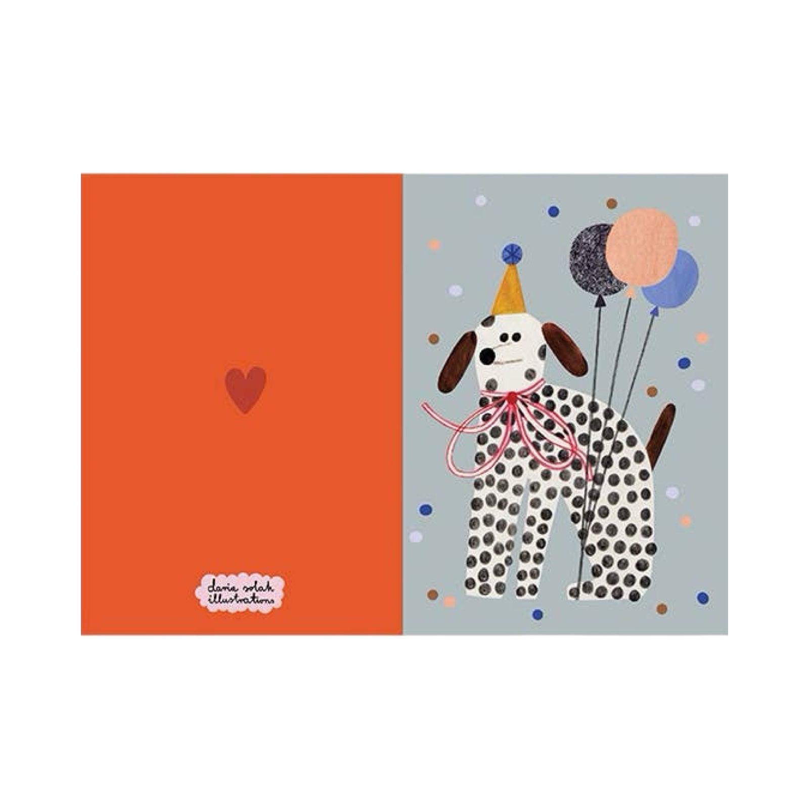 A card for any occasion featuring a black and white spotty dog wearing a party hat, with a pink ribbon tied around its neck, holding 3 colourful balloons with its paw. 