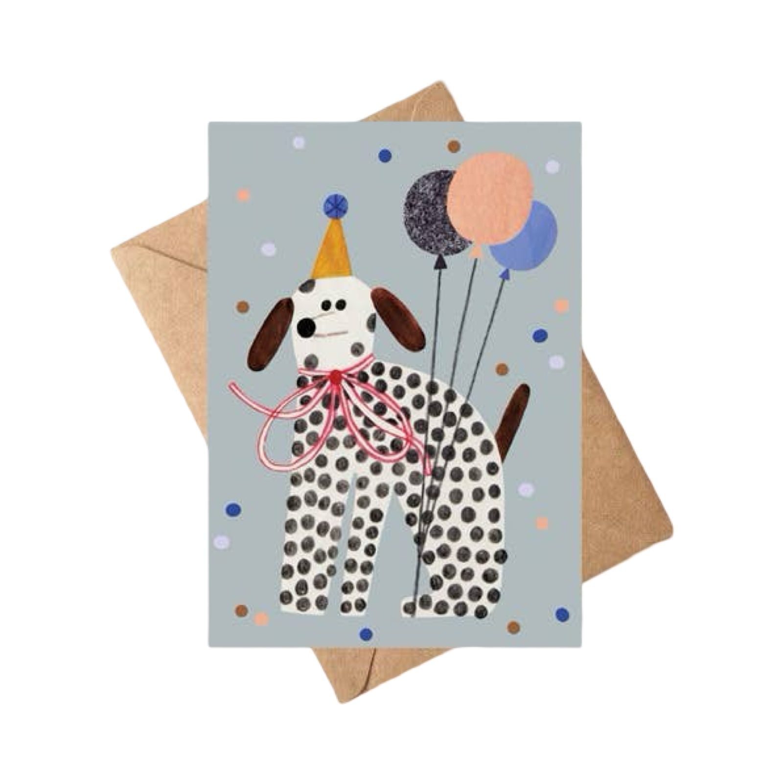 A card for any occasion featuring a black and white spotty dog wearing a party hat, with a pink ribbon tied around its neck, holding 3 colourful balloons with its paw. 