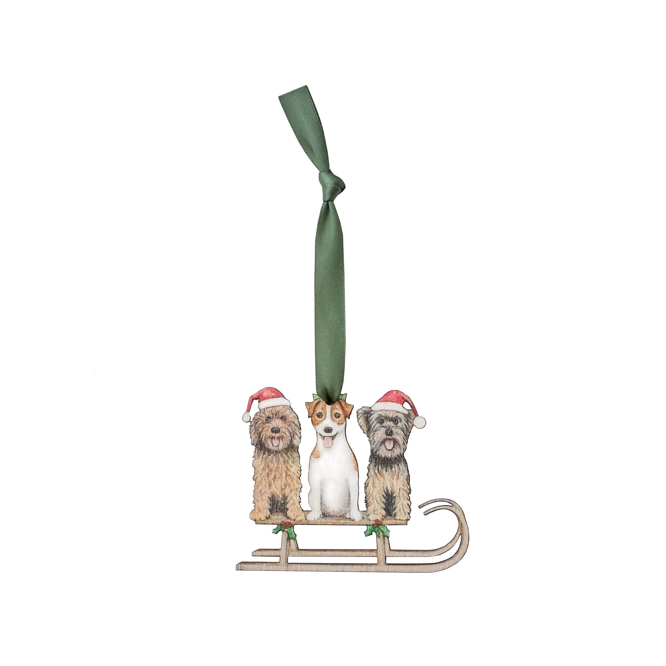 Wooden Christmas decoration of 3 dogs on a sleigh. 