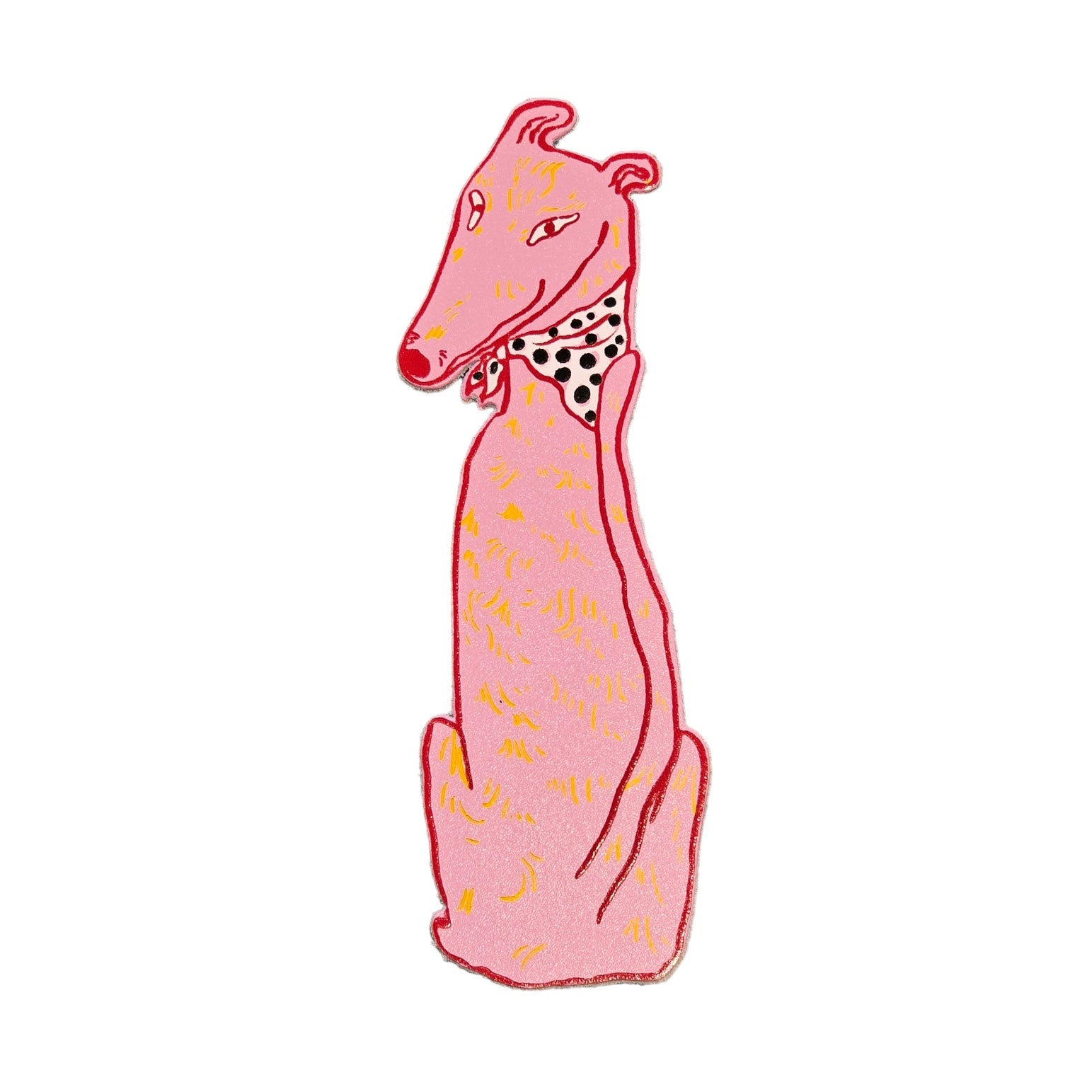 A pink dog-shaped leather bookmark wearing a black and white spotty bandana.