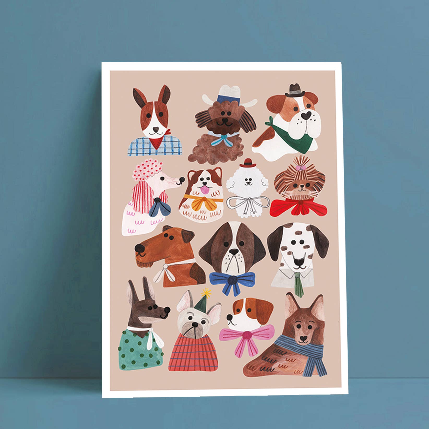 Illustrations of dogs in various outfits on a beige background.