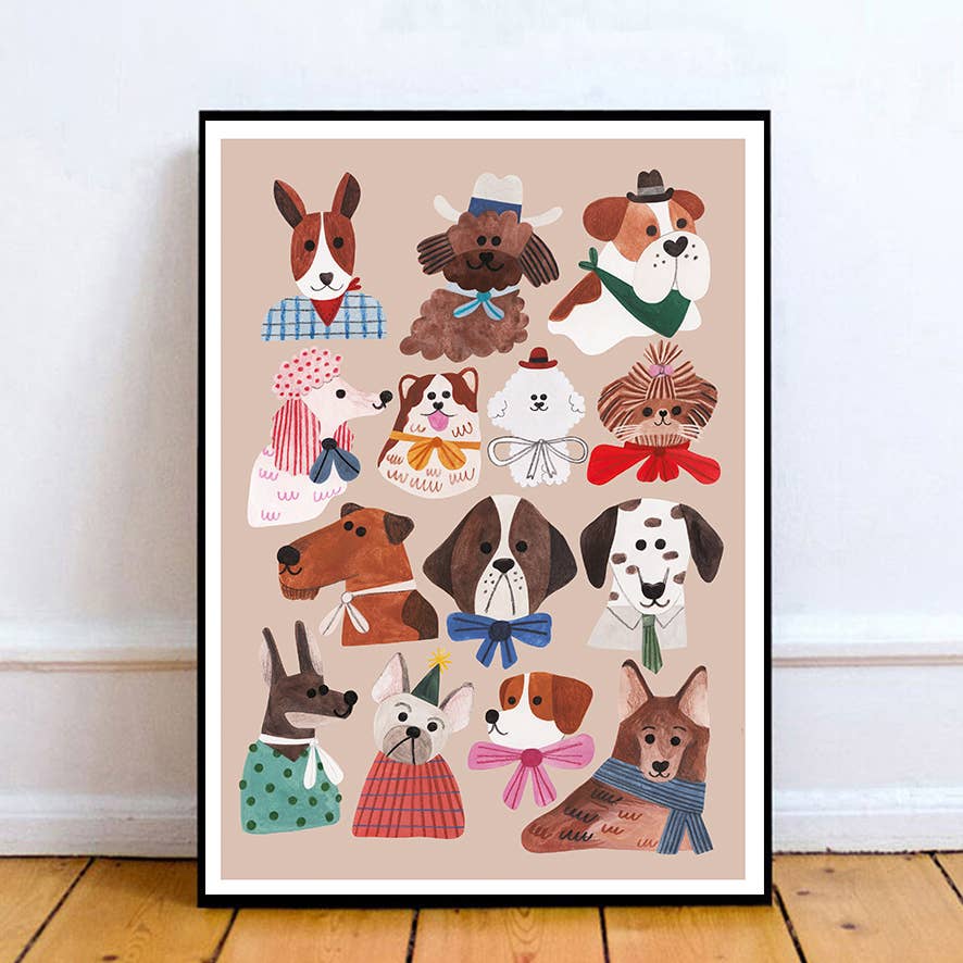 Framed artwork of illustrated dogs in various outfits on a beige background.