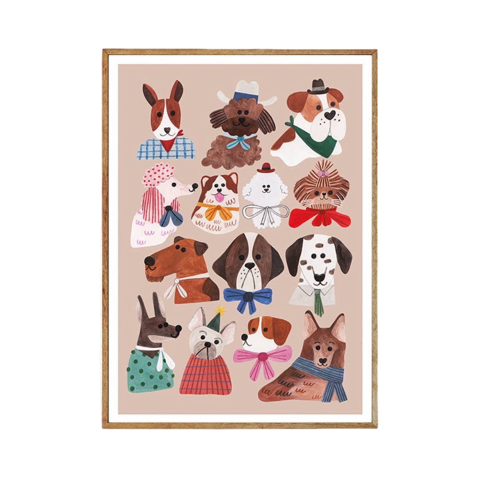 Framed artwork with illustrations of dogs in various outfits on a beige background.