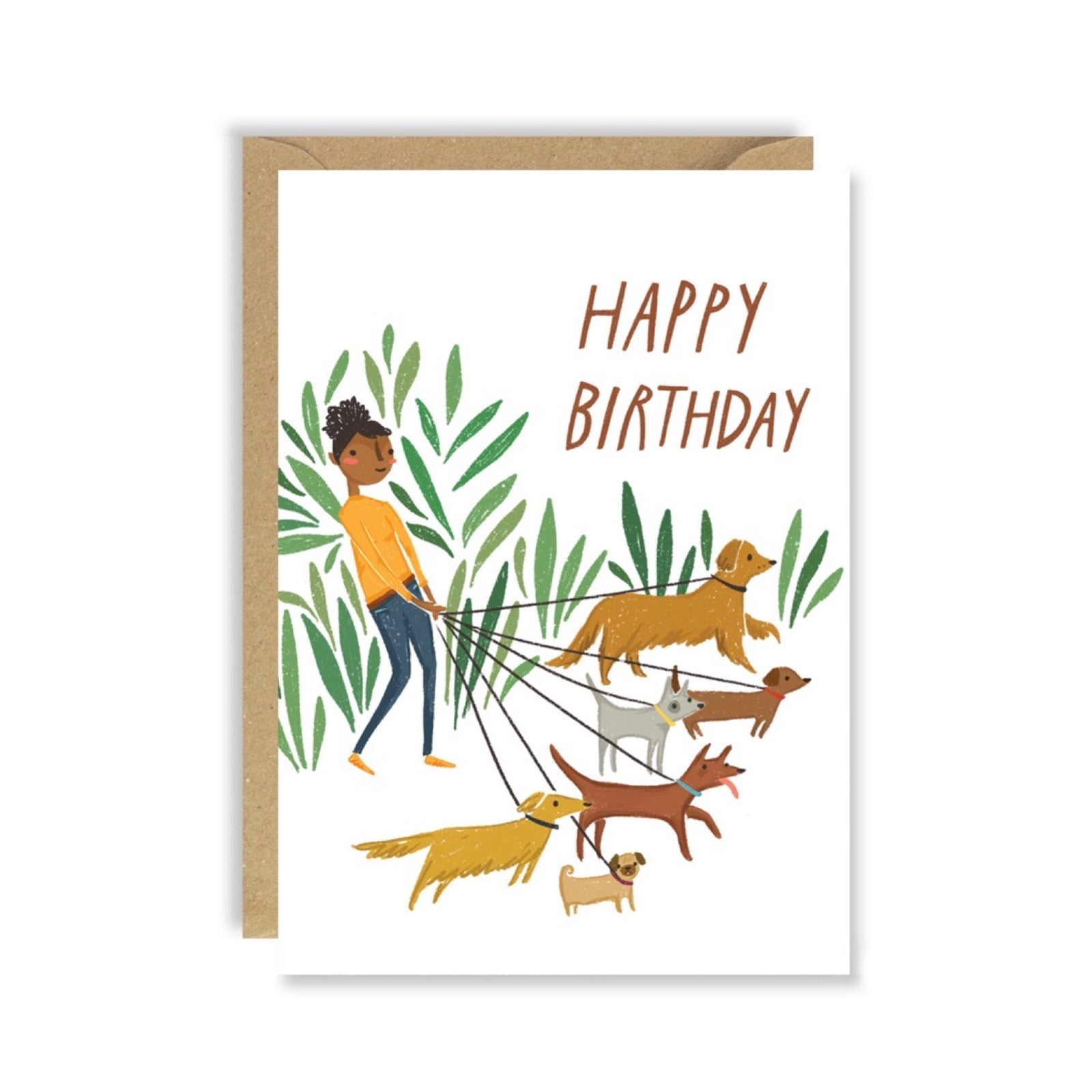 Birthday card featuring an illustration of a lady out talking six dogs for a walk and the text 'Happy Birthday'.