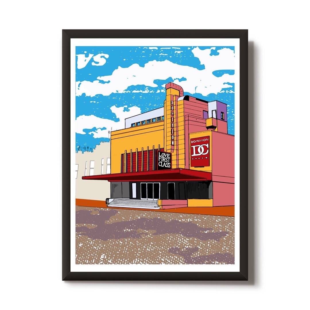 This print features an illustration of the Dominion Cinema in Morningside, Edinburgh