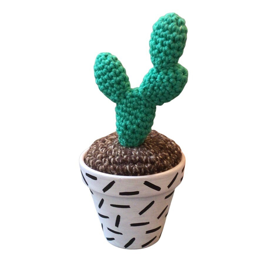 Handmade double stem crochet cactus in a white and black speckle painted terracotta pot. 