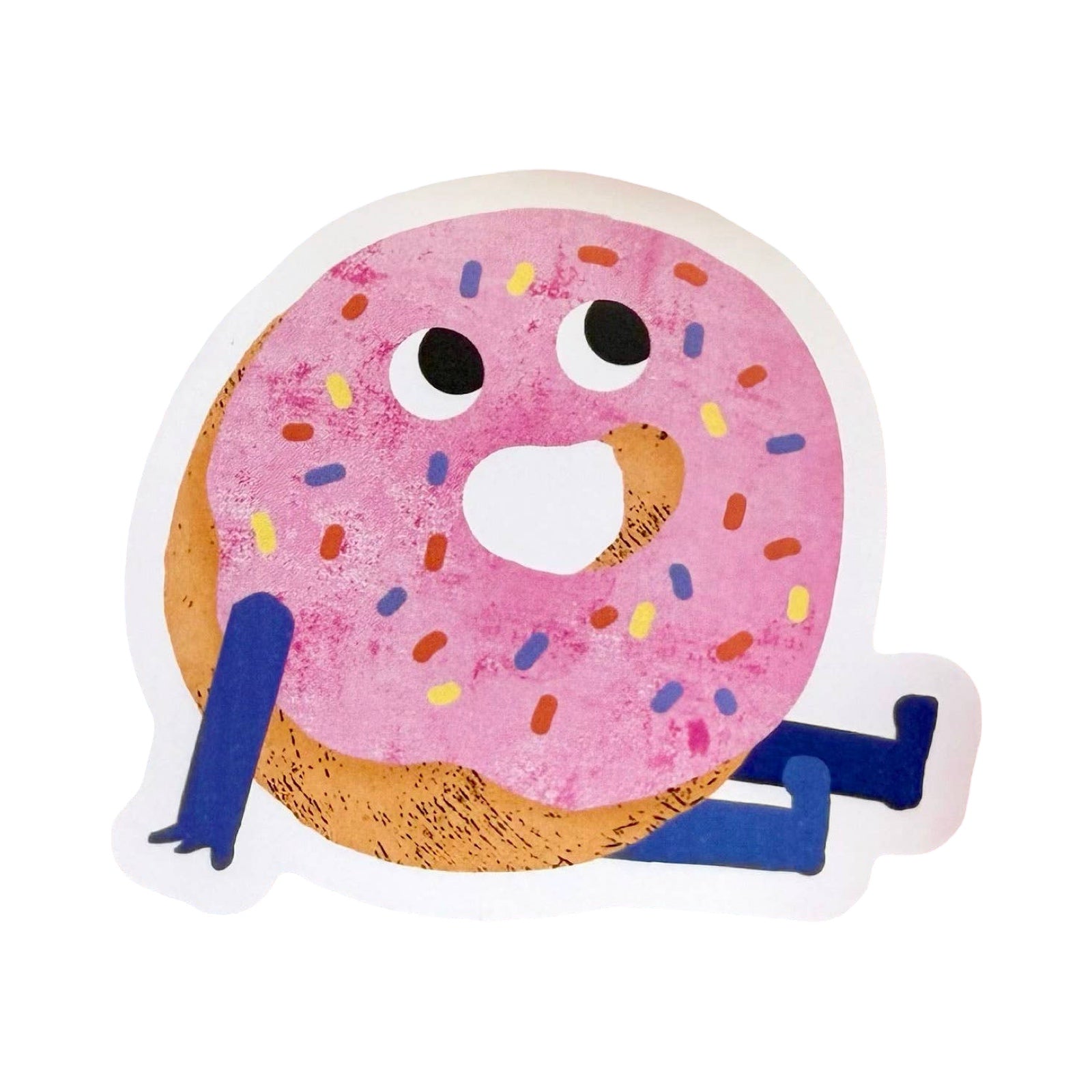 A die-cut sticker featuring a cartoon donut with pink frosting, colourful sprinkles, and blue limbs on a white background.