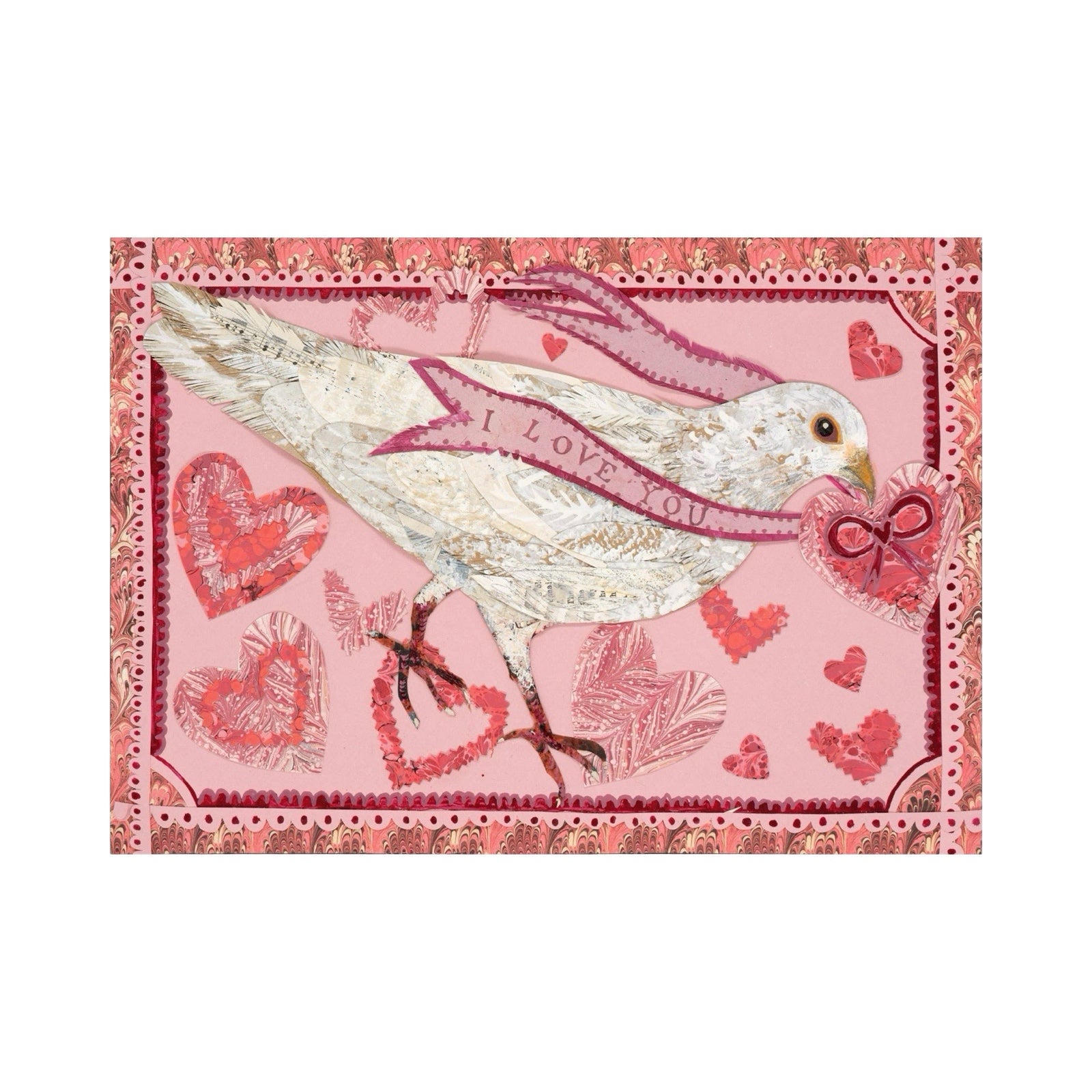 Valentine's Day card with a dove and heart designs on a pink background.