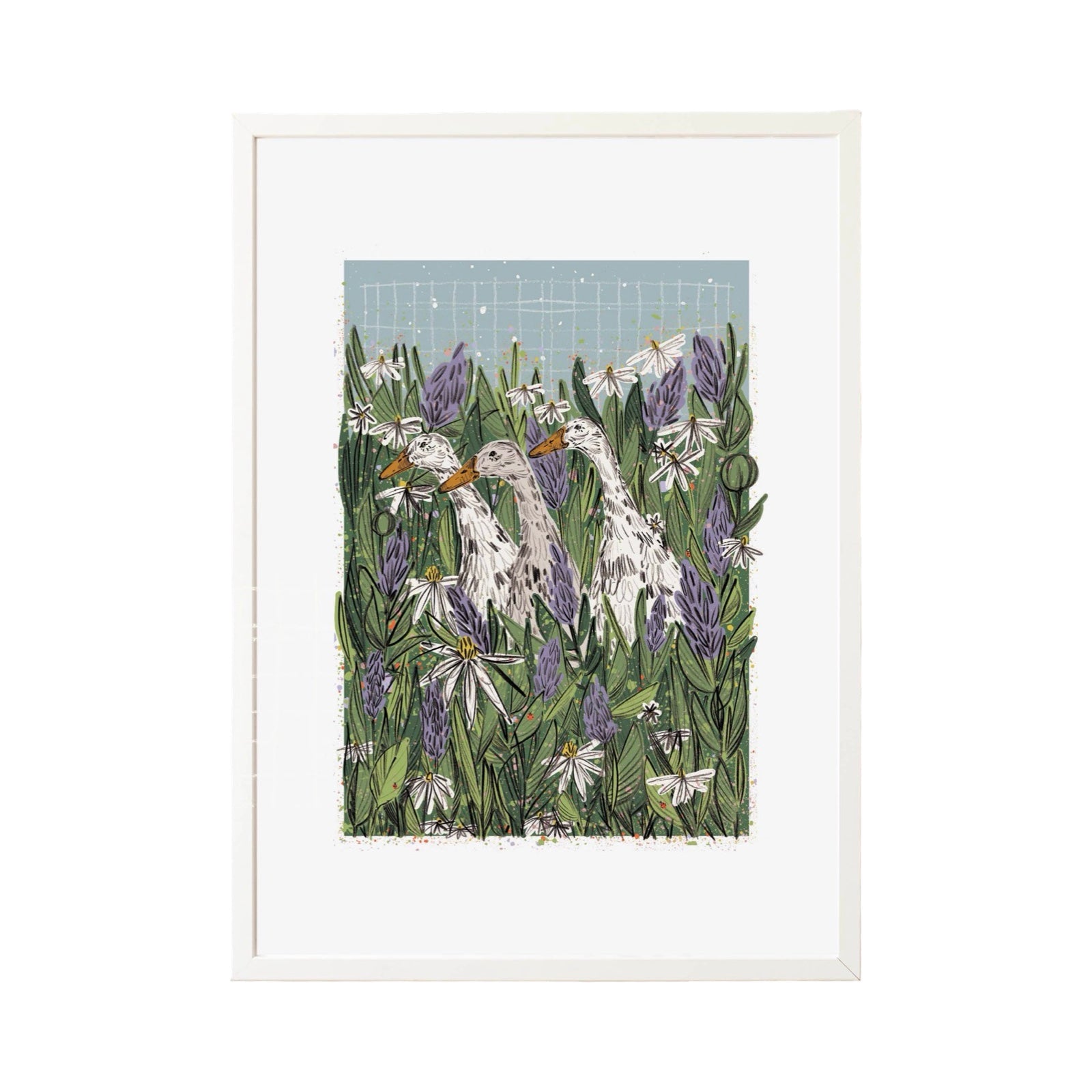 A print of three ducks standing tall in a garden of long grass and meadow flowers iin a white frame.