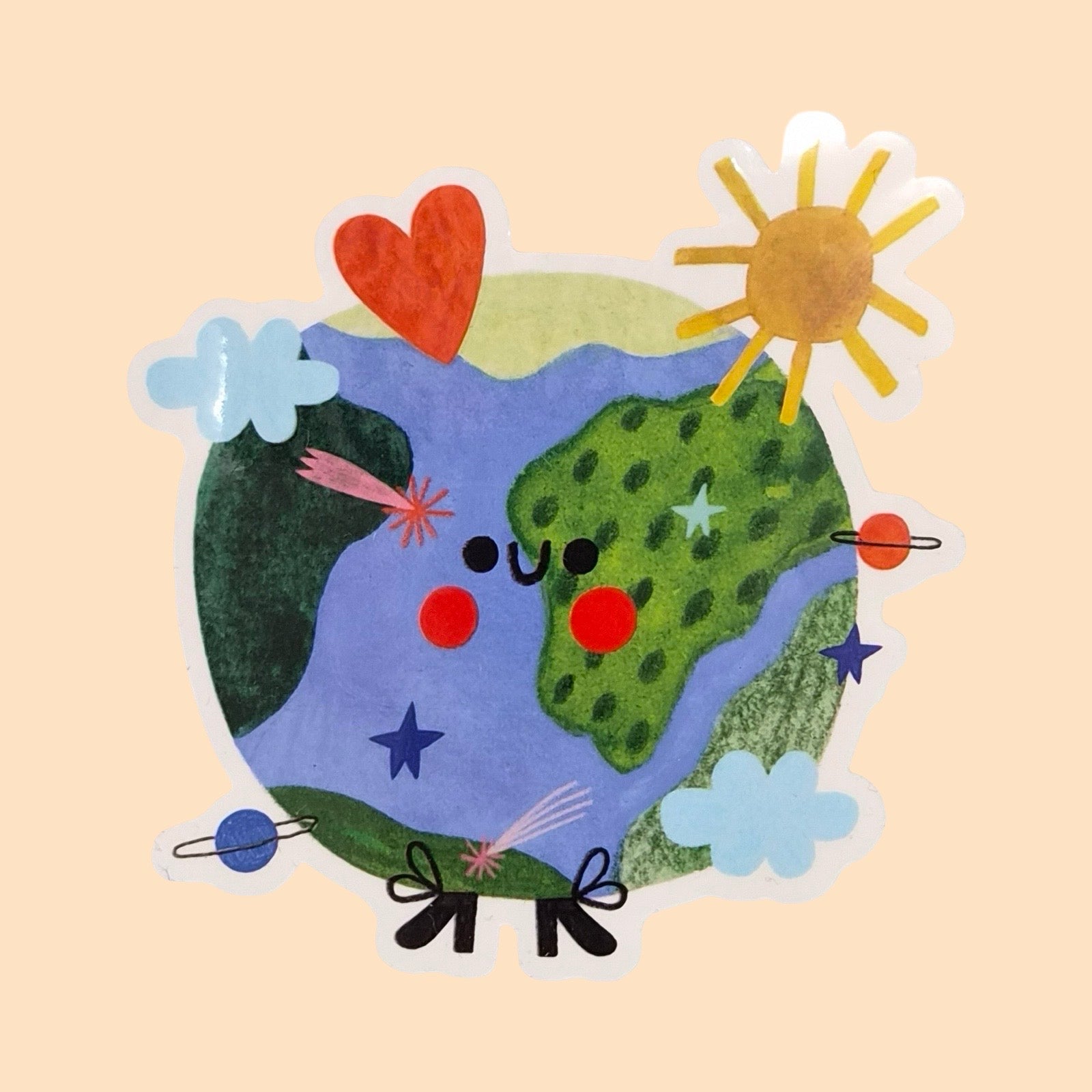 Cartoon-style Earth with facial features, heart, sun, and stars on a yellow background.