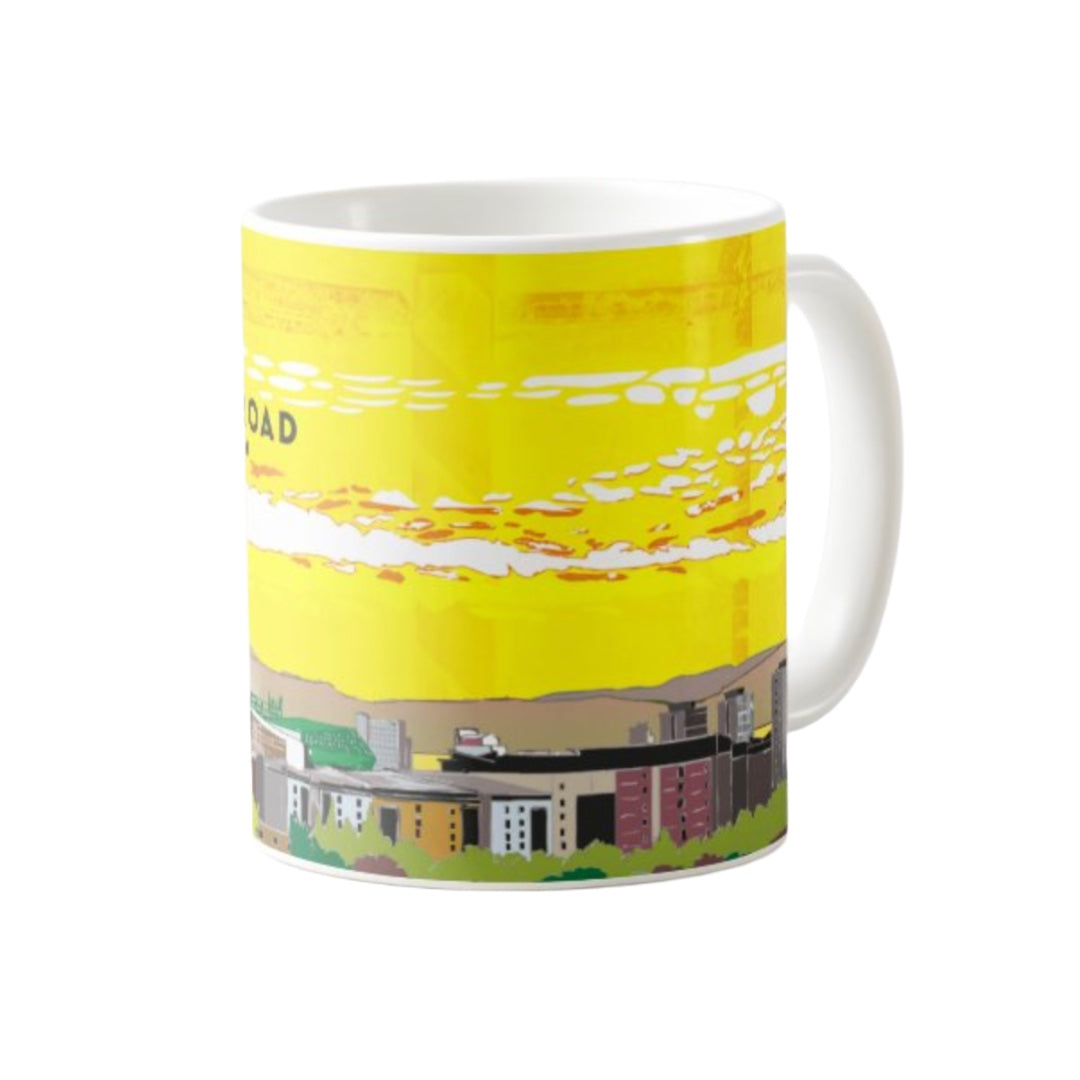 Classic mug featuring a striking panoramic artwork of Leith with the Hibernian Easter road stadium, Edinburgh. 