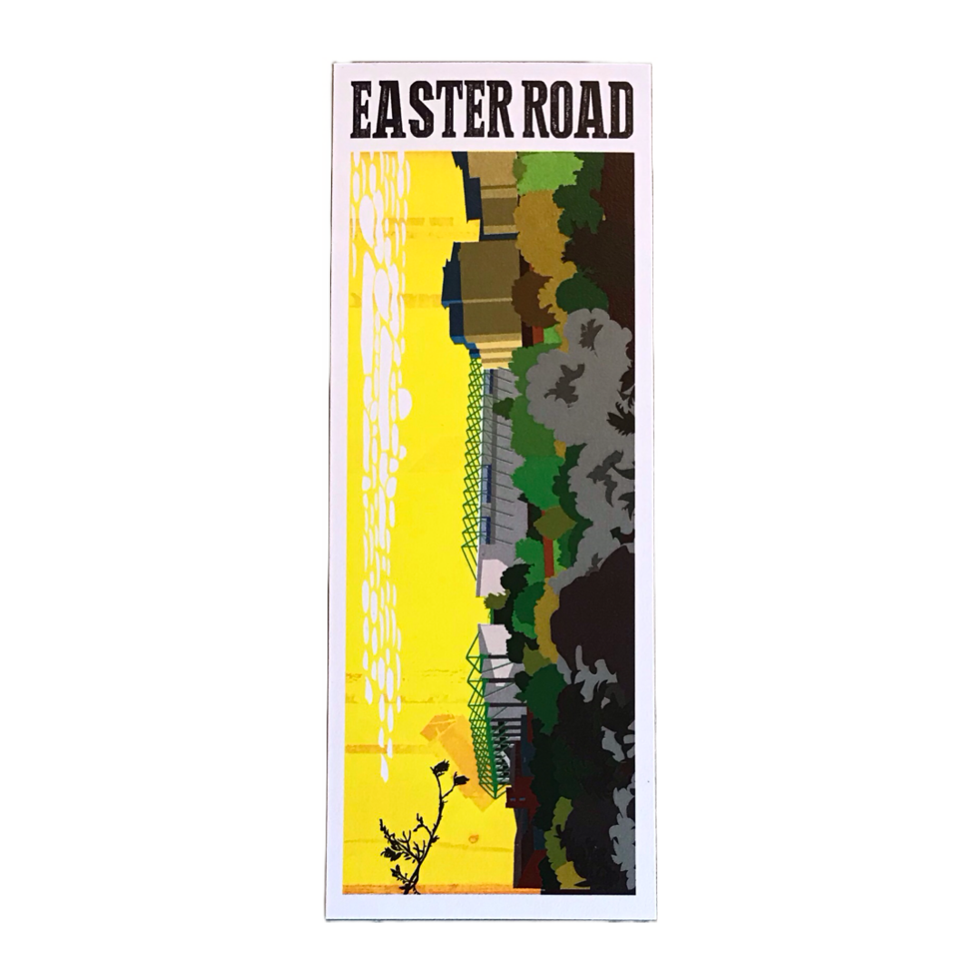 Bookmark featuring a panoramic landscape illustration of Hibs Easter Stadium, Leith, Edinburgh.