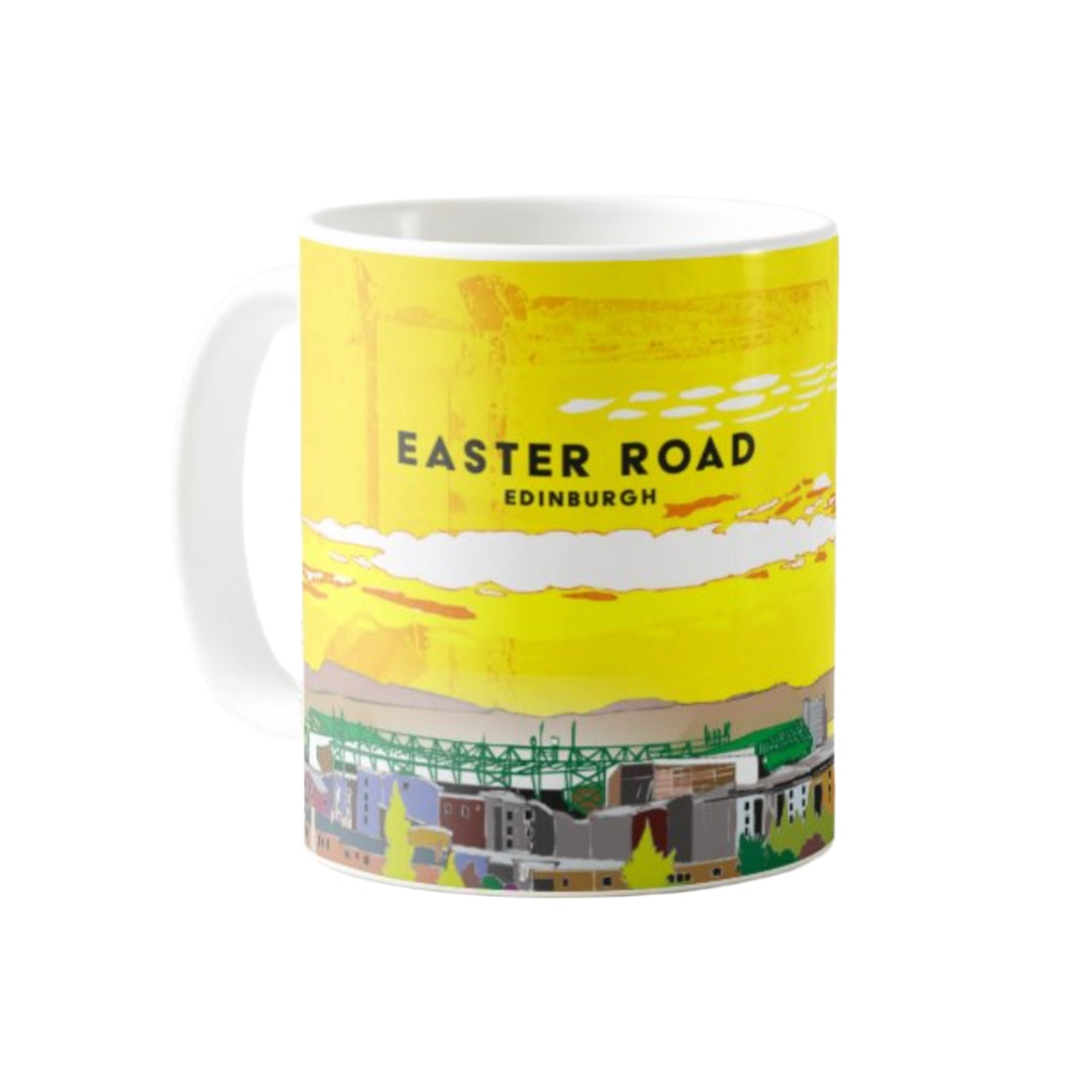 Classic mug featuring a striking panoramic artwork of Leith with the Hibernian Easter road stadium, Edinburgh. 