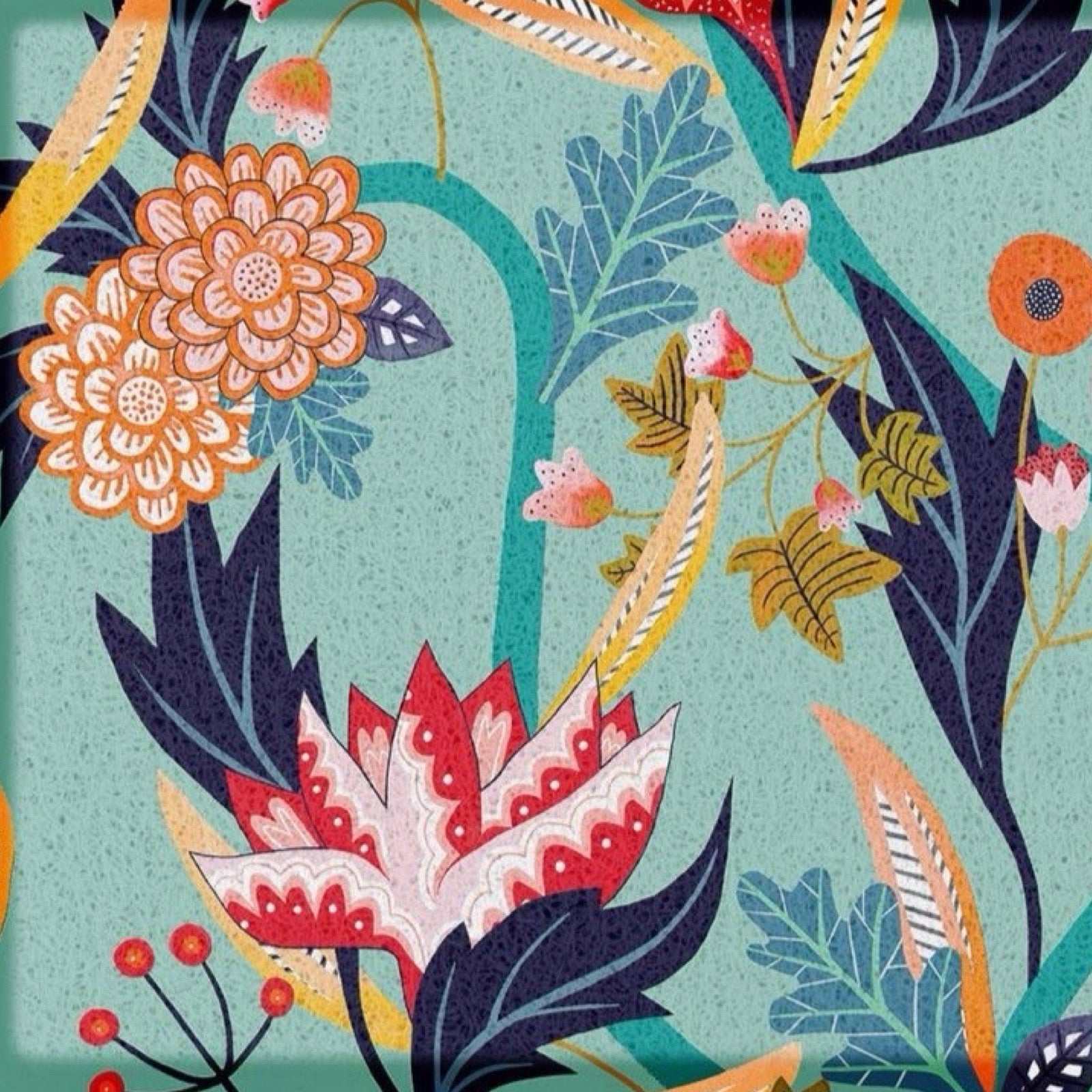 A close-up of a colourful floral pattern with stylised flowers and leaves on a mint green background. The design includes orange, pink, red, blue, yellow, and dark navy botanical elements.